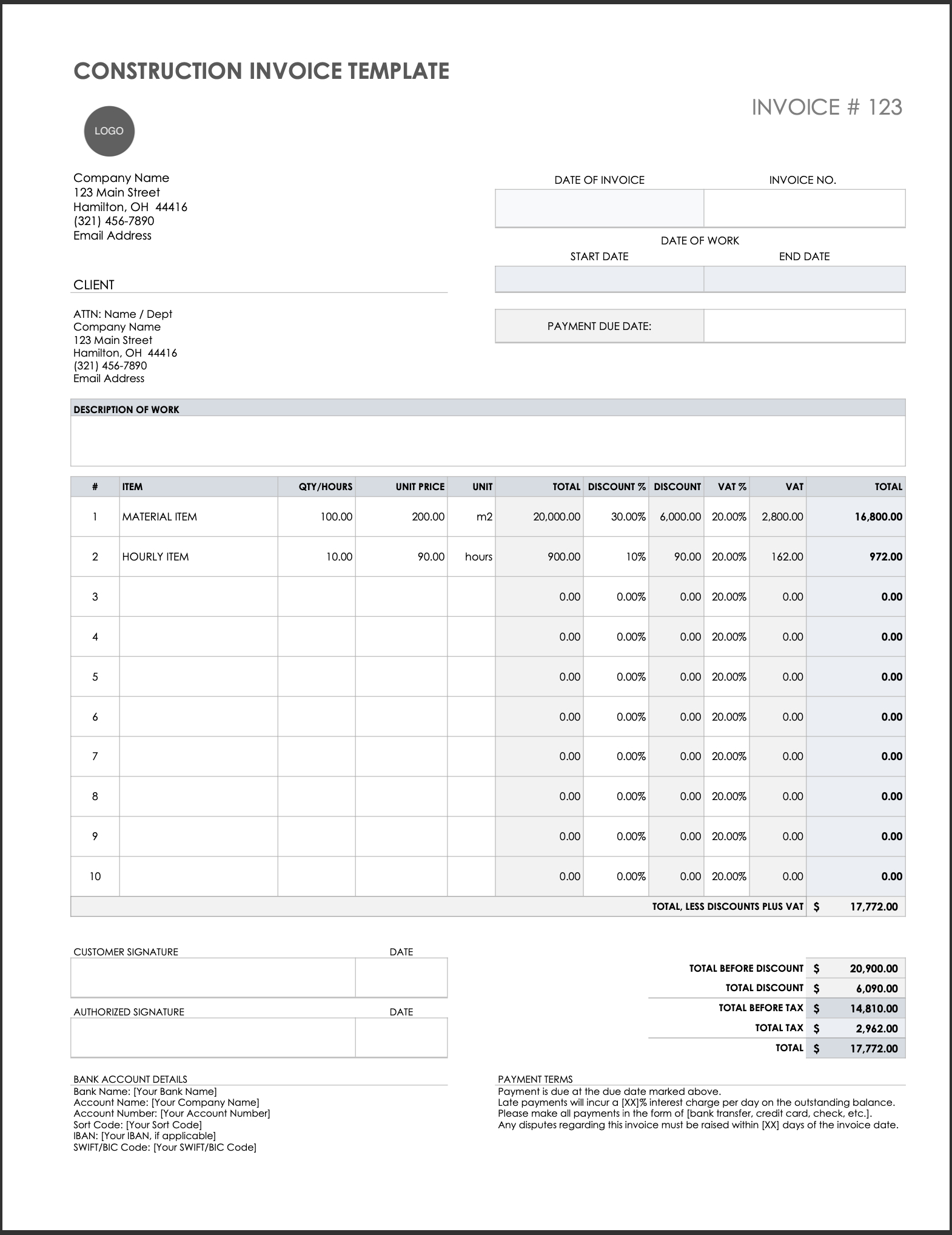 Free Construction Invoice Template - Planyard Uk inside Free Printable Construction Invoice Template
