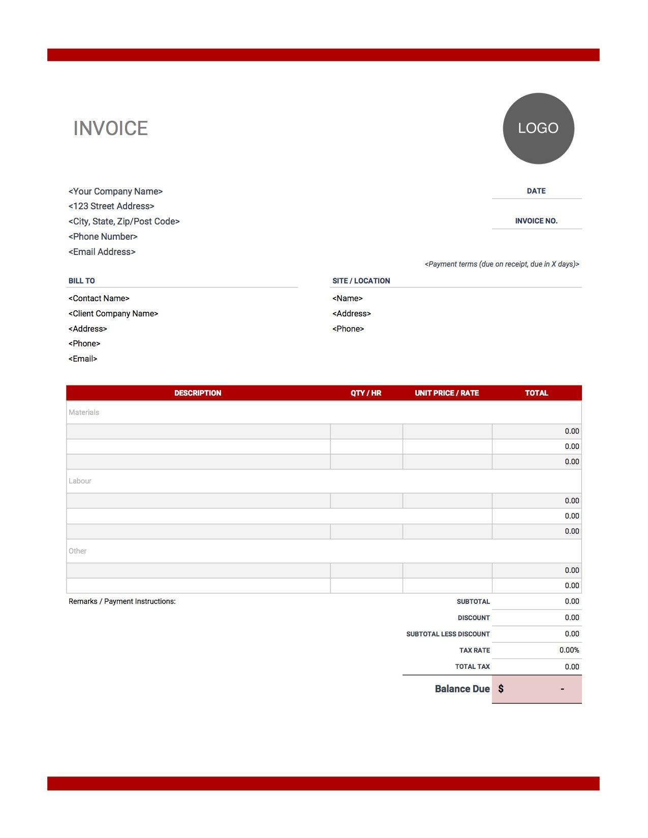 Free Construction Invoice Templates for FREE Printable Construction Invoice Template
