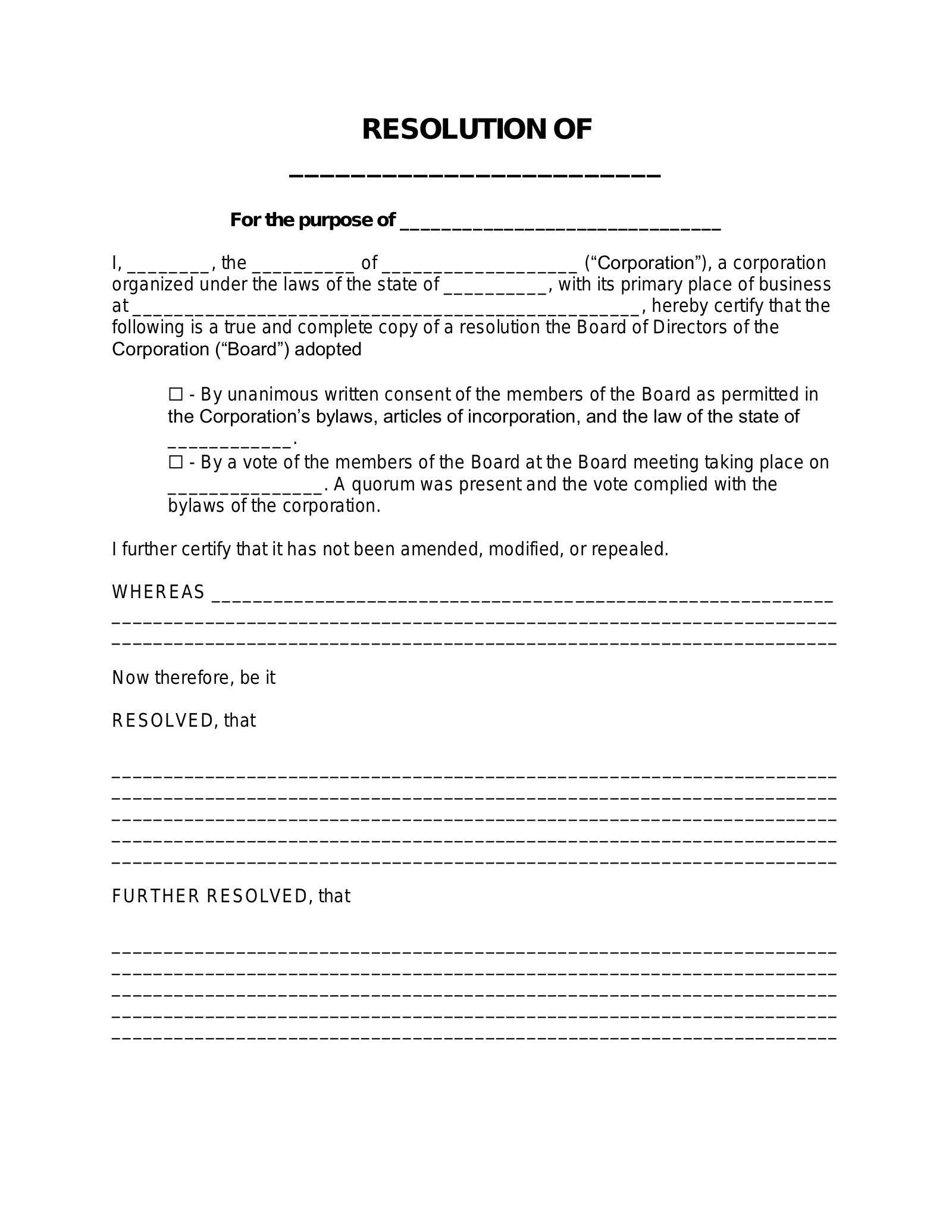 Free Corporate Resolution Form - Pdf | Word – Eforms within FREE Printable Corporate Resolution Form