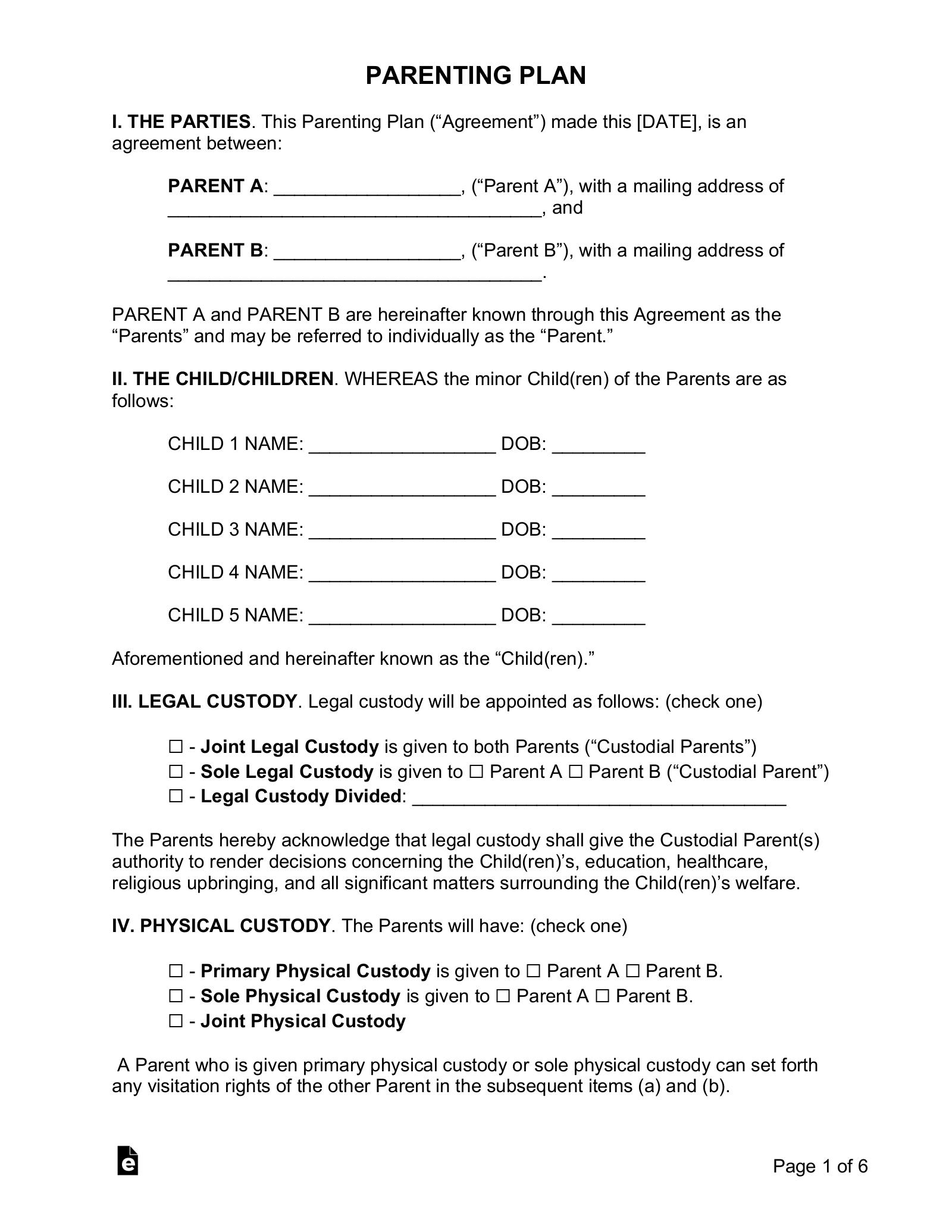 Free Custody (Parenting Plan) Agreement Template - Pdf | Word – Eforms inside Free Printable Co Parenting Worksheets