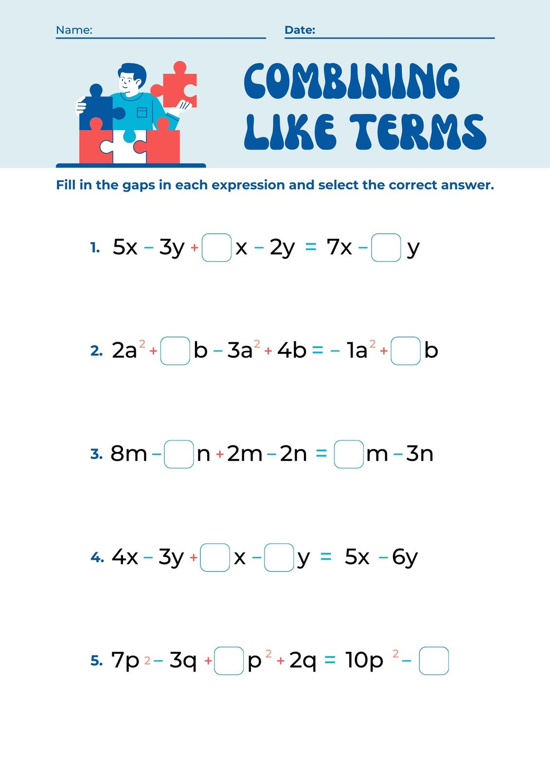 Free Custom Combining Like Terms Worksheet Templates | Canva in FREE Printable Combining Like Terms Worksheets