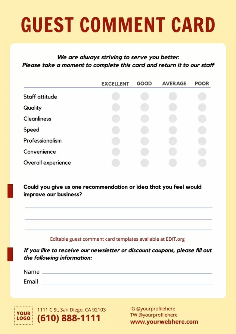 Free Customizable Feedback Templates within FREE Printable Comment Card Template