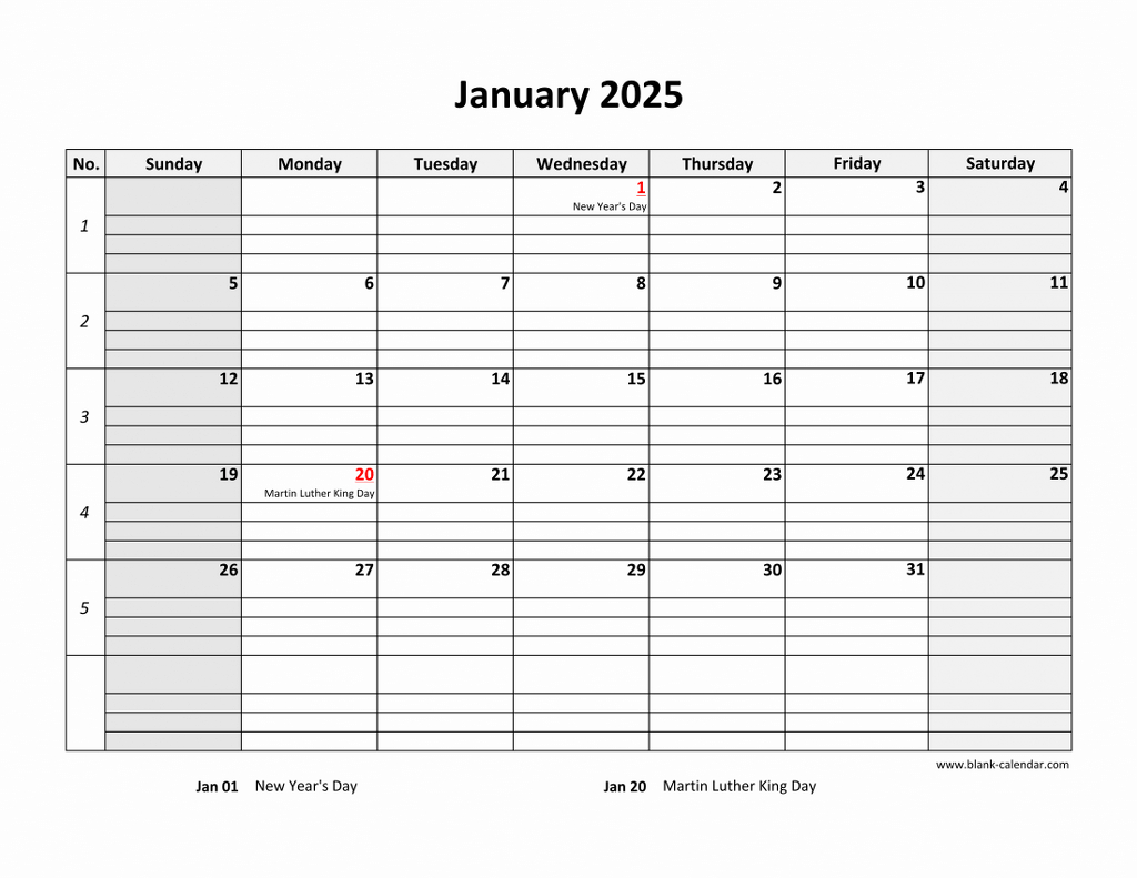 Free Download Printable Calendar 2025, Large Box Grid, Space For Notes within Free Printable Calendar 2025 Large Boxes