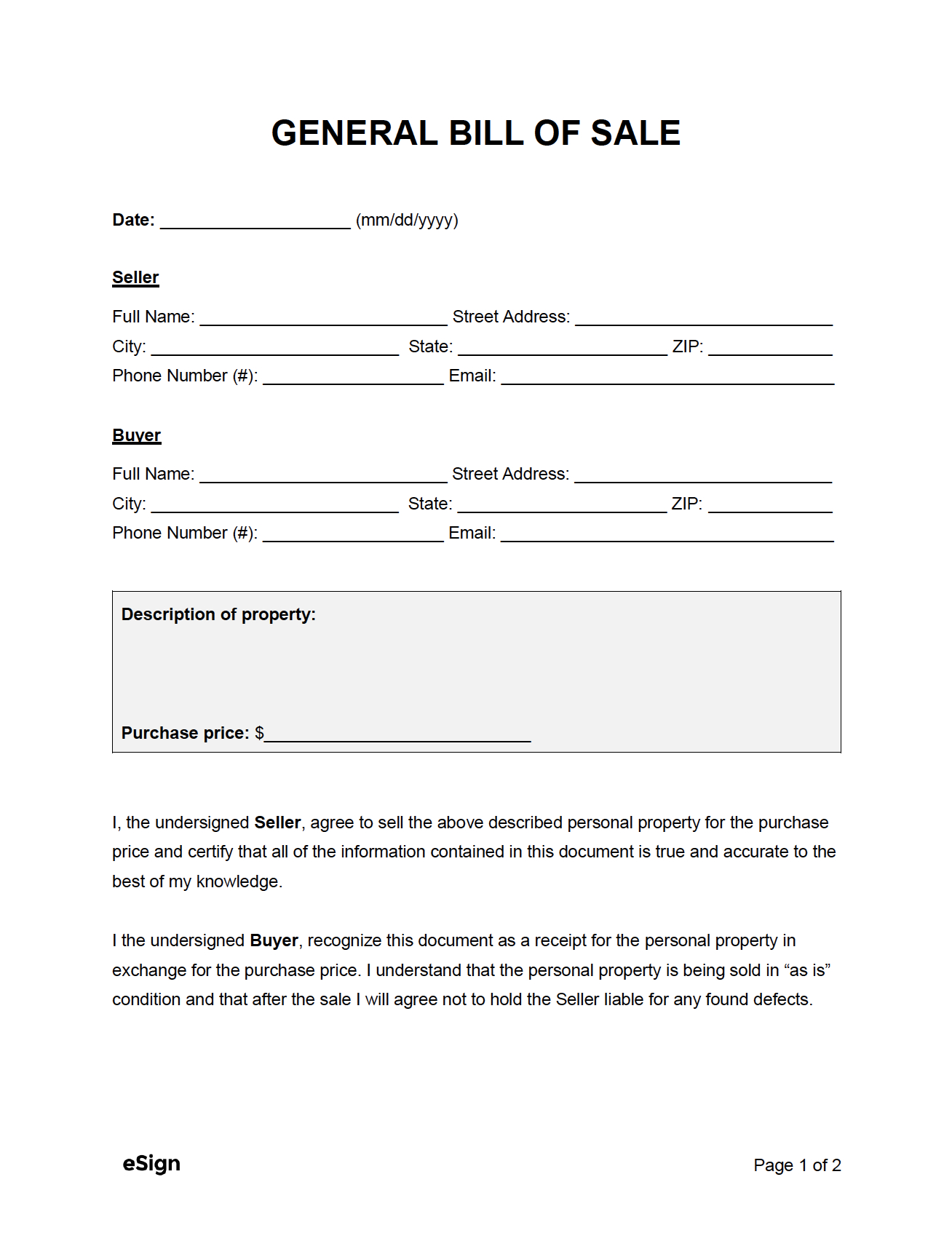 Free General Bill Of Sale Form | Pdf | Word inside Free Printable Copy Of Bill Of Sale