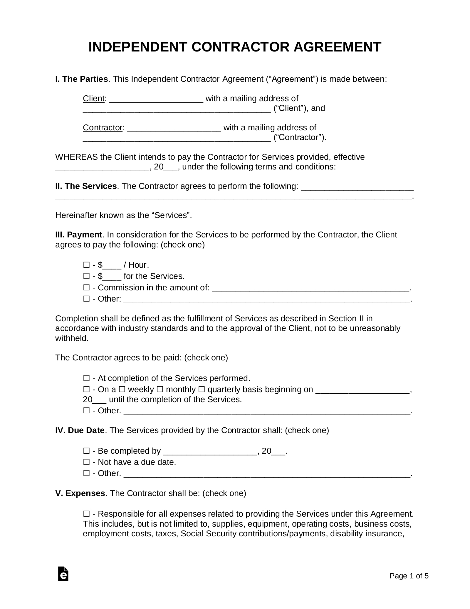 Free Independent Contractor Agreements (47) - Pdf | Word – Eforms within Free Printable Contracts For Contractors