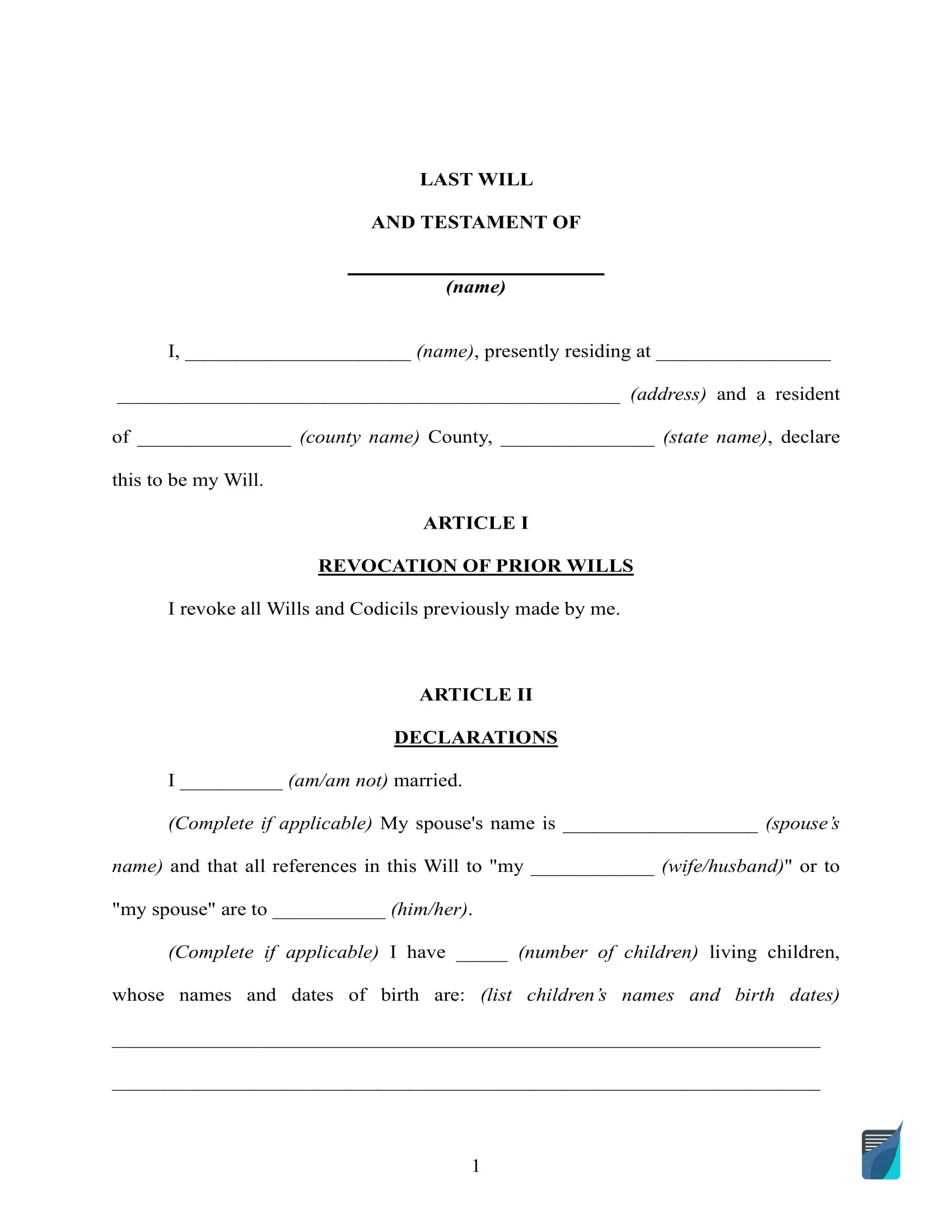 Free Last Will And Testament Template ⇒ Will Forms In Pdf And Doc for Free Printable Copy Of Last Will And Testament