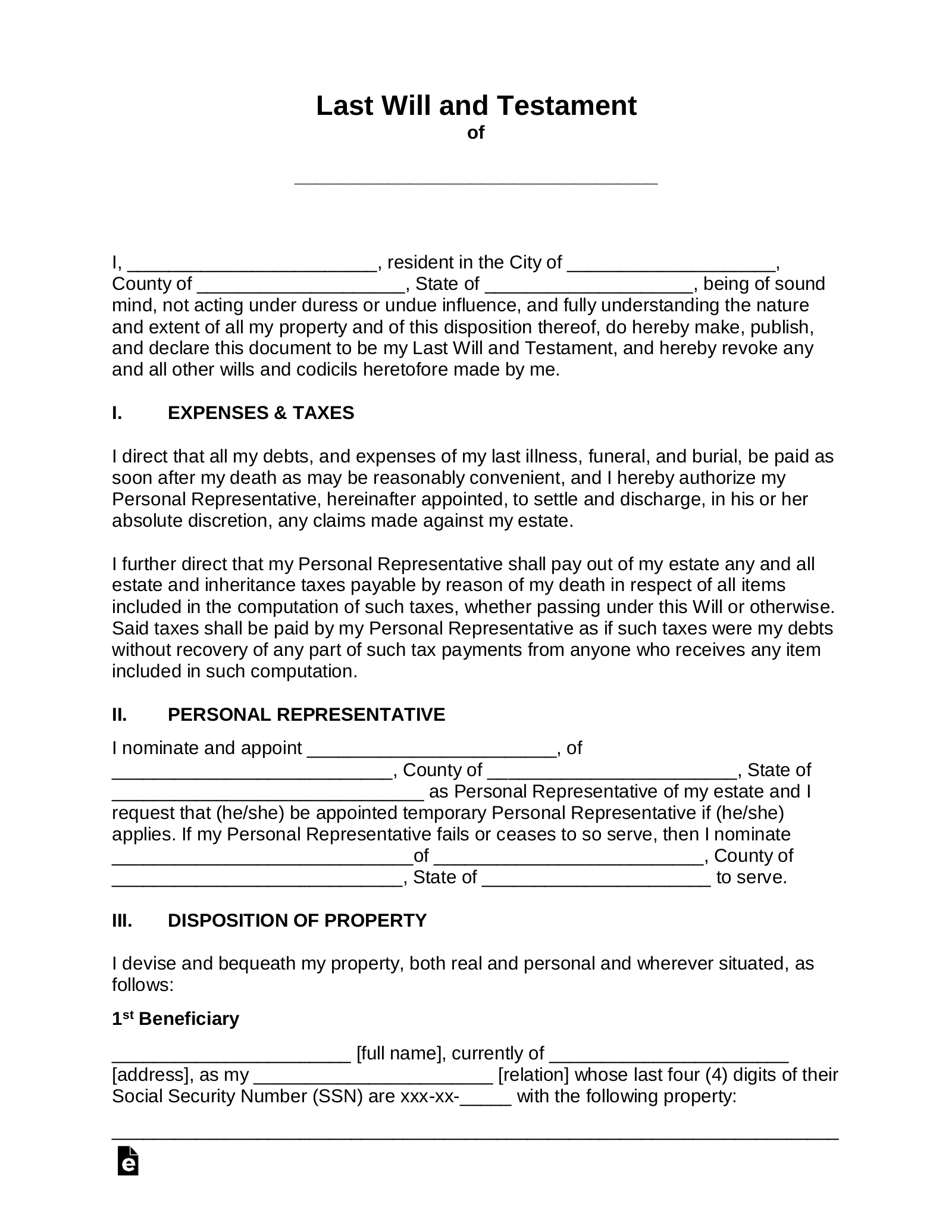 Free Last Will And Testament (Will) - Pdf | Word – Eforms regarding FREE Printable Copy of Last Will and Testament