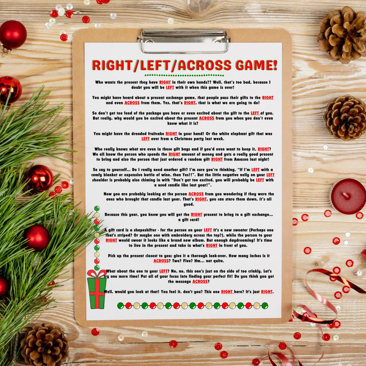Free Left Right Across Christmas Game Printable (2 Options for FREE Printable Christian Christmas Party Games For Adults
