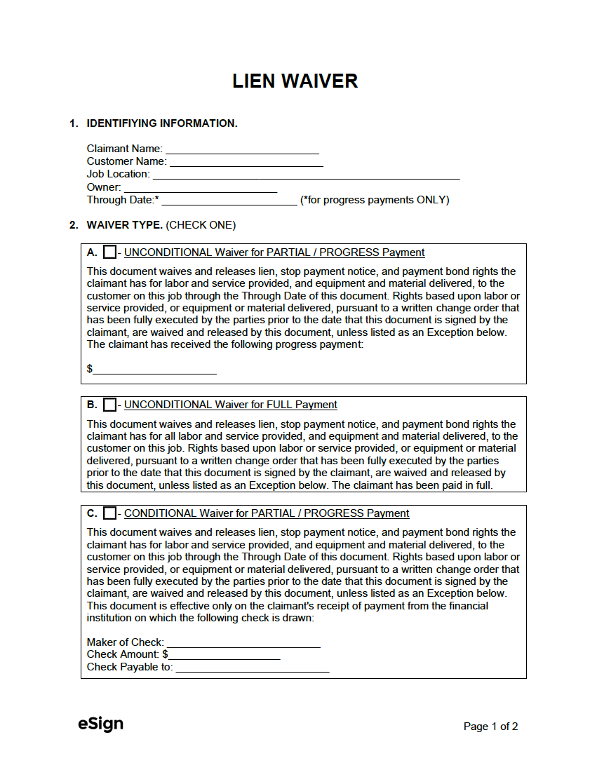 Free Lien Waiver Forms | Pdf | Word within FREE Printable Contractor Waiver and Release Form