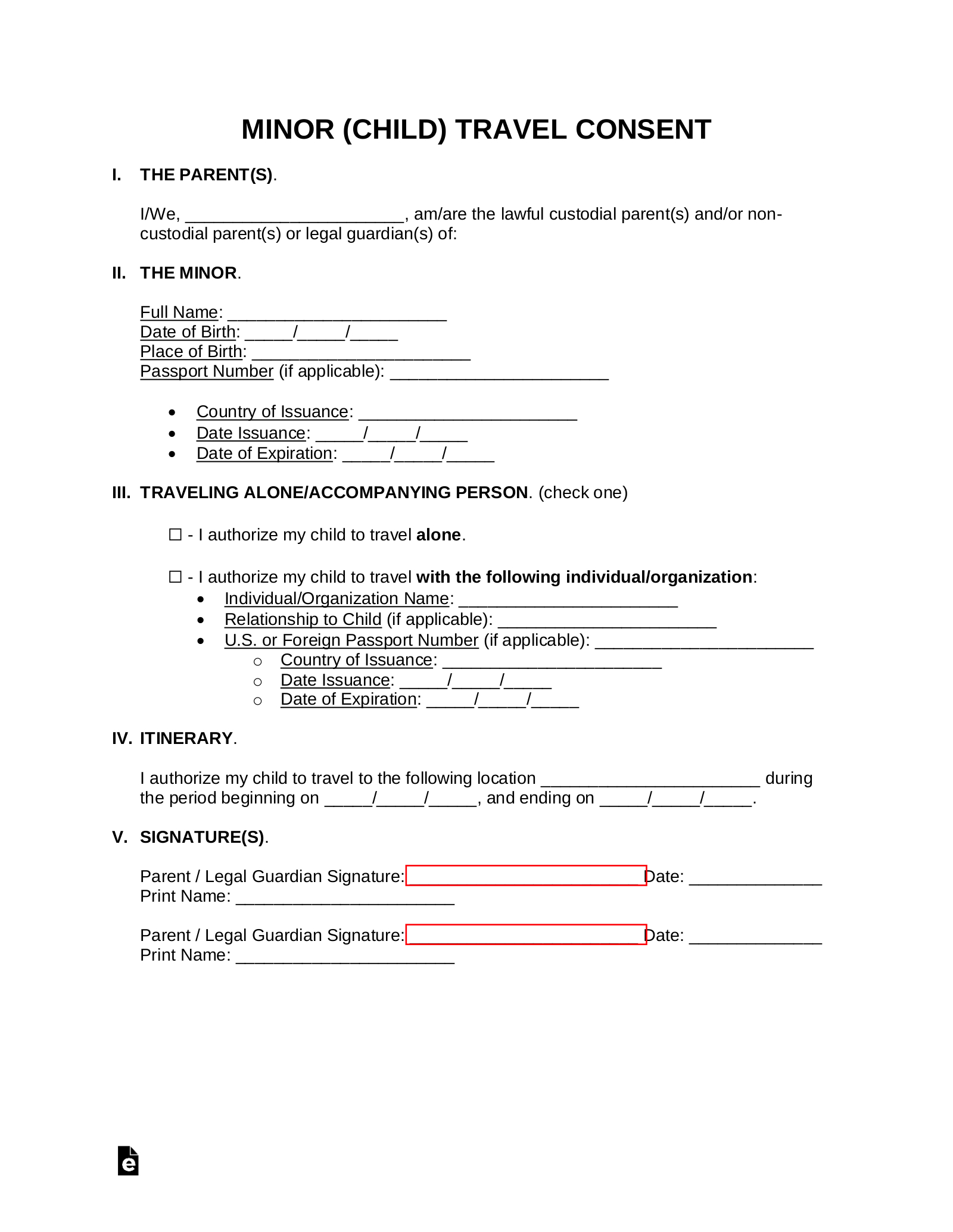 Free Minor (Child) Travel Consent Form - Pdf | Word – Eforms throughout Free Printable Consent To Travel Form For Minors