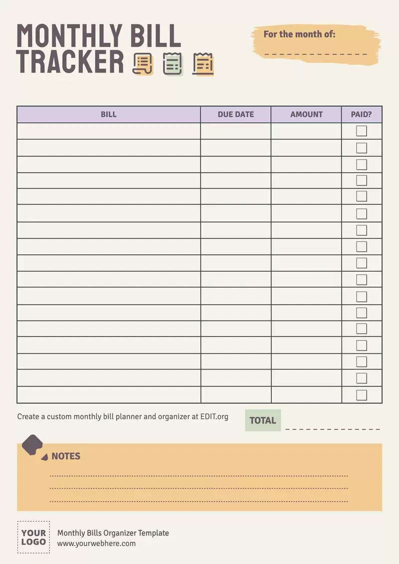 Free Monthly Bills Organizer Templates for FREE Printable Charts For Bills