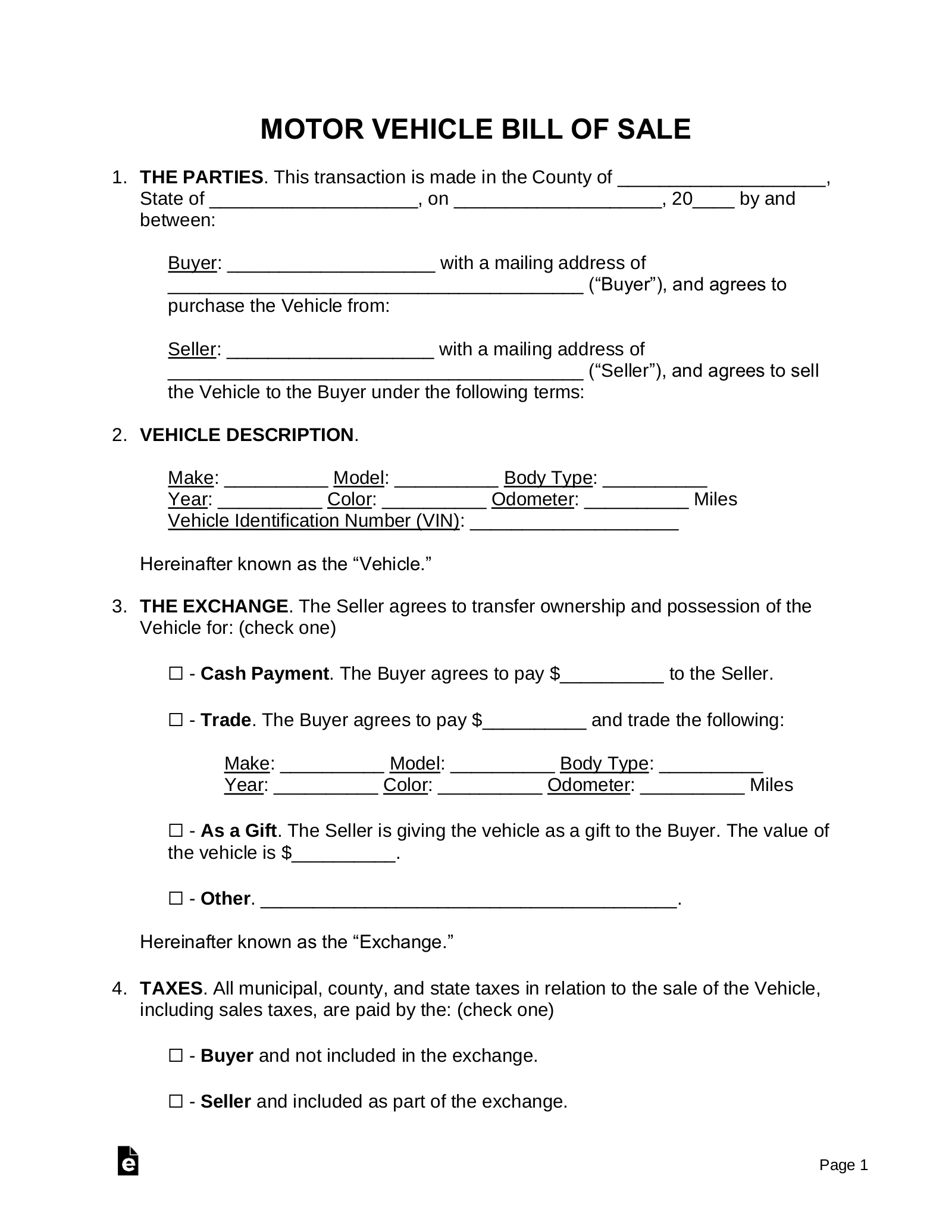 Free Motor Vehicle (Dmv) Bill Of Sale Form - Pdf | Word – Eforms with FREE Printable Car Bill of Sale Printable