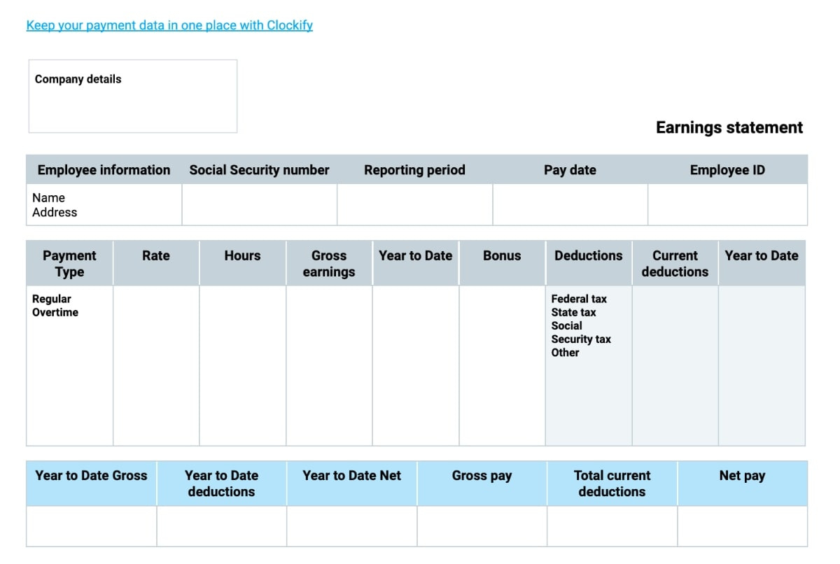 Free Pay Stub Templates — Clockify in Free Printable Check Stubs Online