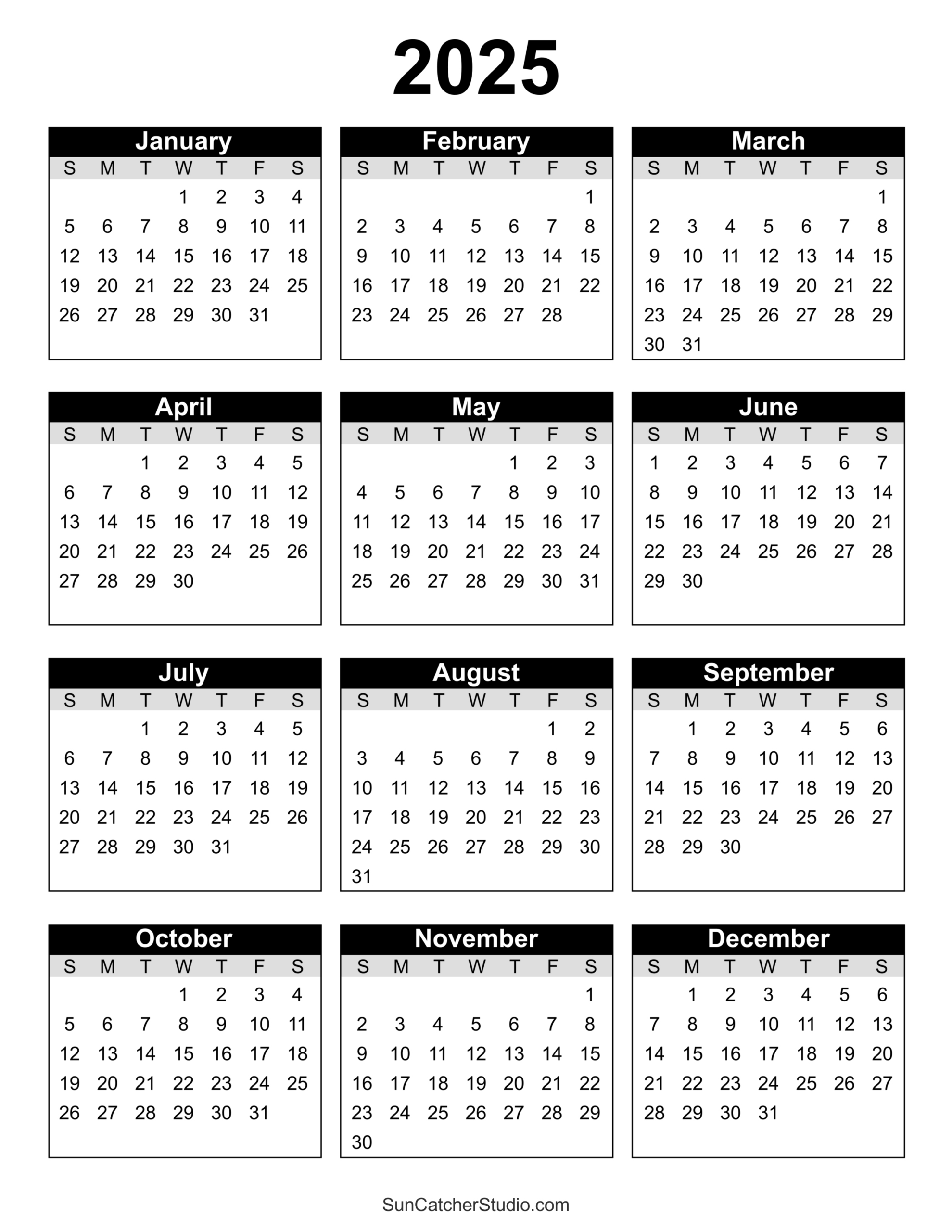 Free Printable 2025 Yearly Calendar – Free Printables, Monograms intended for FREE Printable Calendar 2025 Year