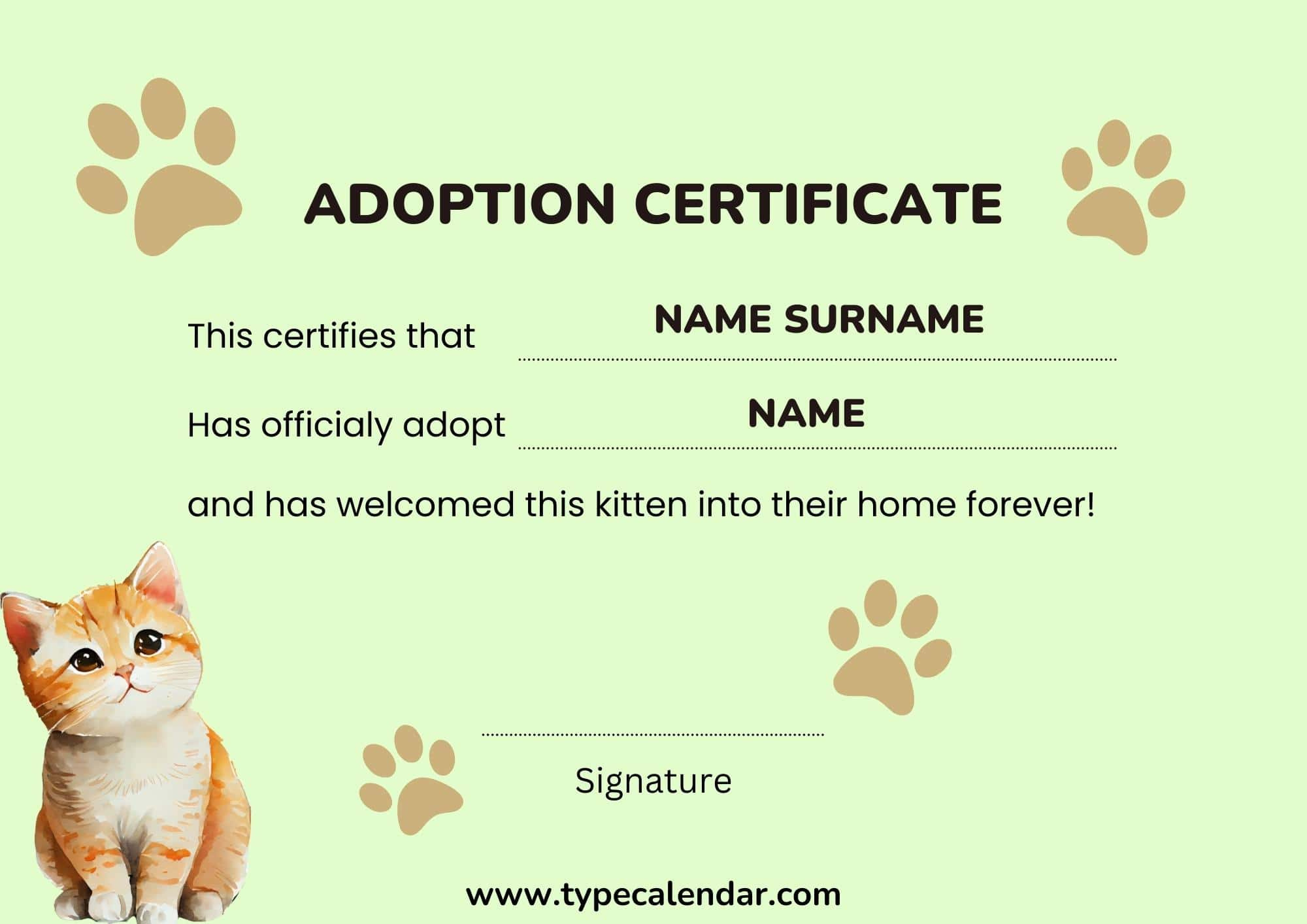 Free Printable Adoption Certificate Templates [Pdf] Pet, Animal intended for FREE Printable Cat Adoption Certificate