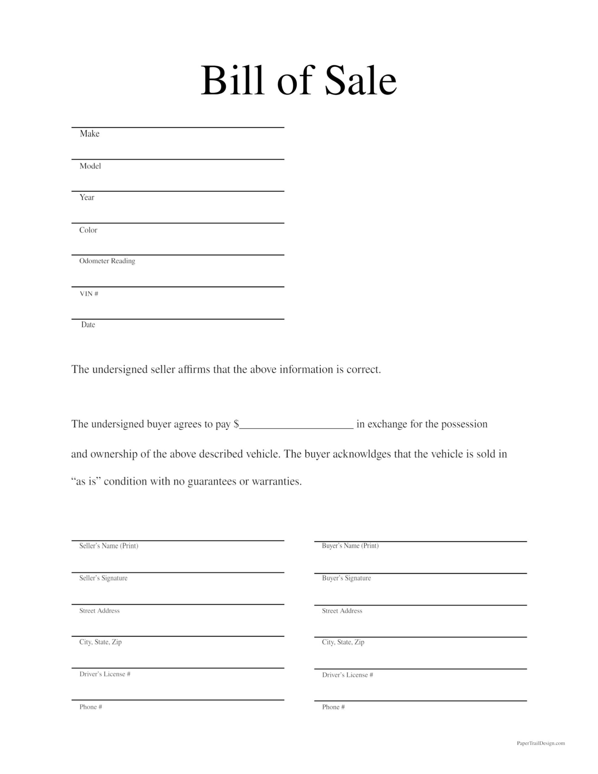 Free Printable Bill Of Sale Template - Paper Trail Design pertaining to FREE Printable Car Bill of Sale Printable