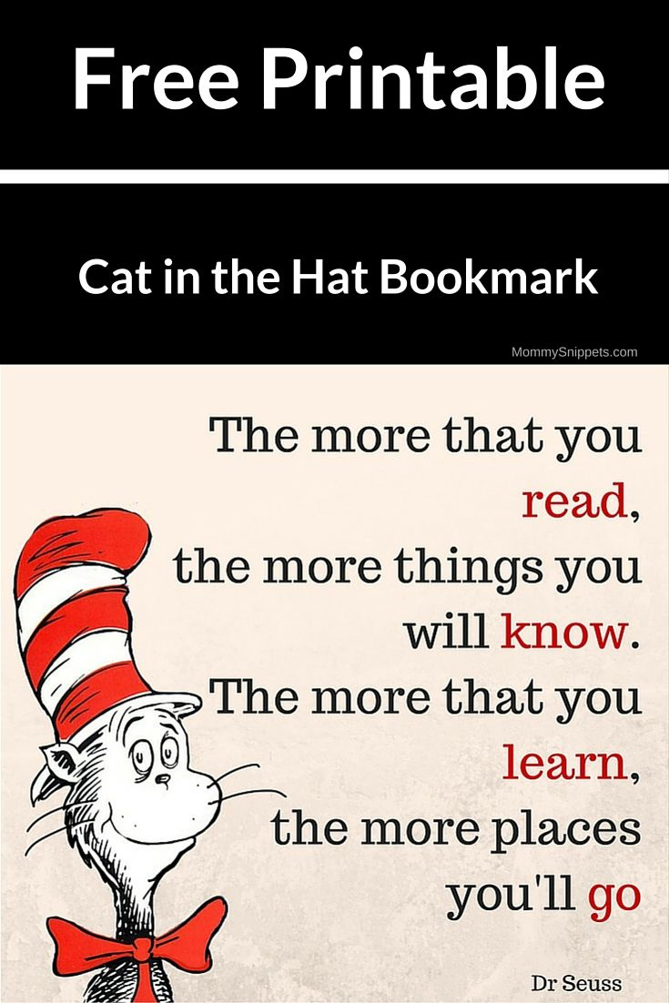 Free Printable Cat In The Hat Bookmark- Mommysnippets for Free Printable Cat In The Hat Images
