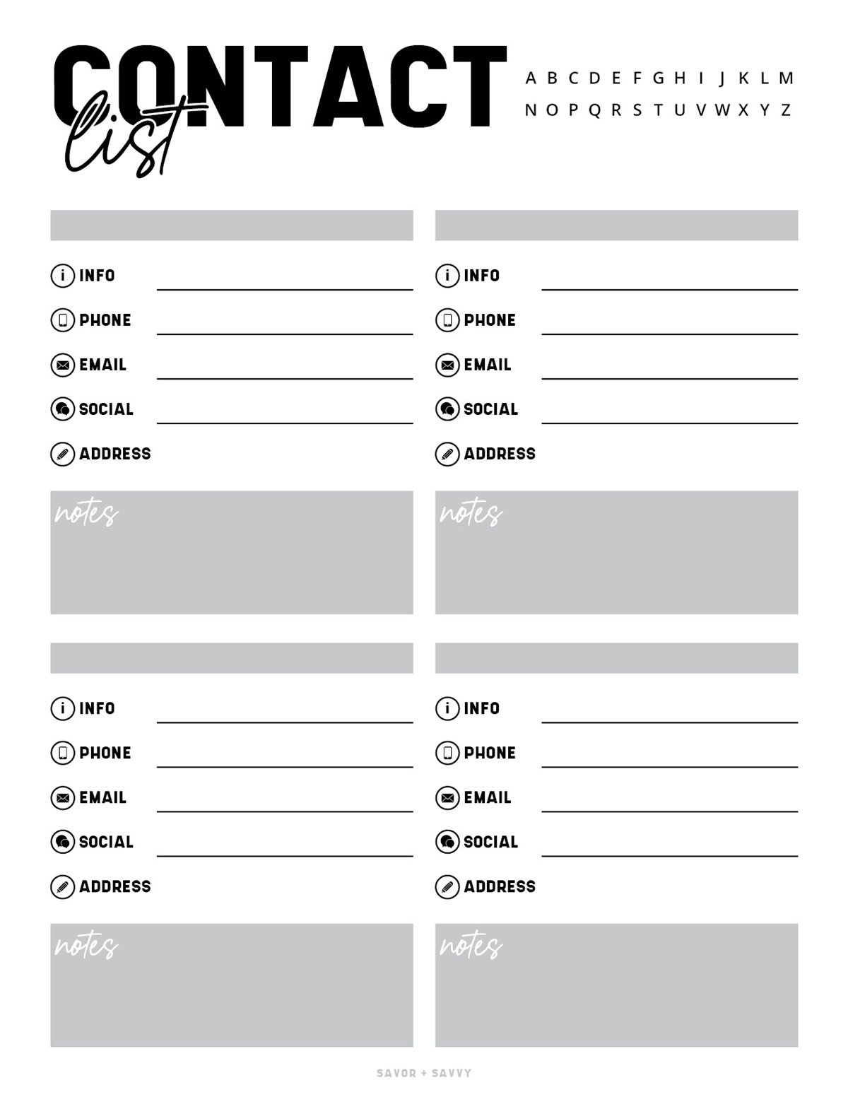 Free Printable Contact List Templates - Savor + Savvy inside FREE Printable Contact List Template