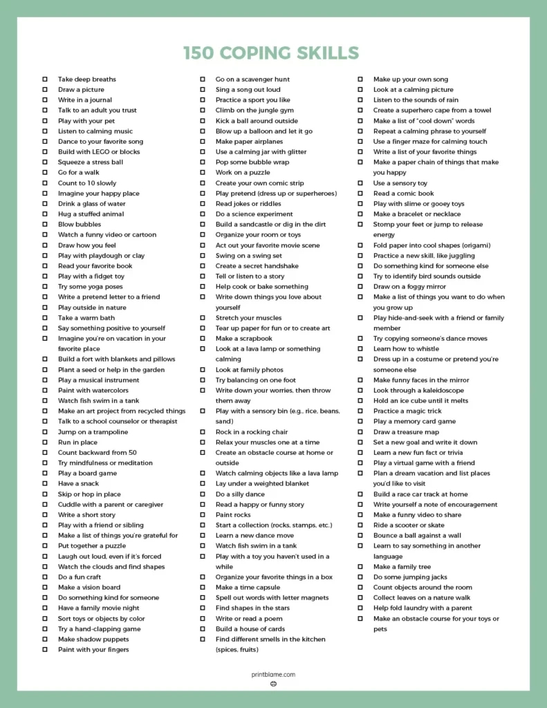 Free Printable Coping Skills Lists - 150 Coping Techniques For Kids with regard to Free Printable Coping Skills Lists For Adults