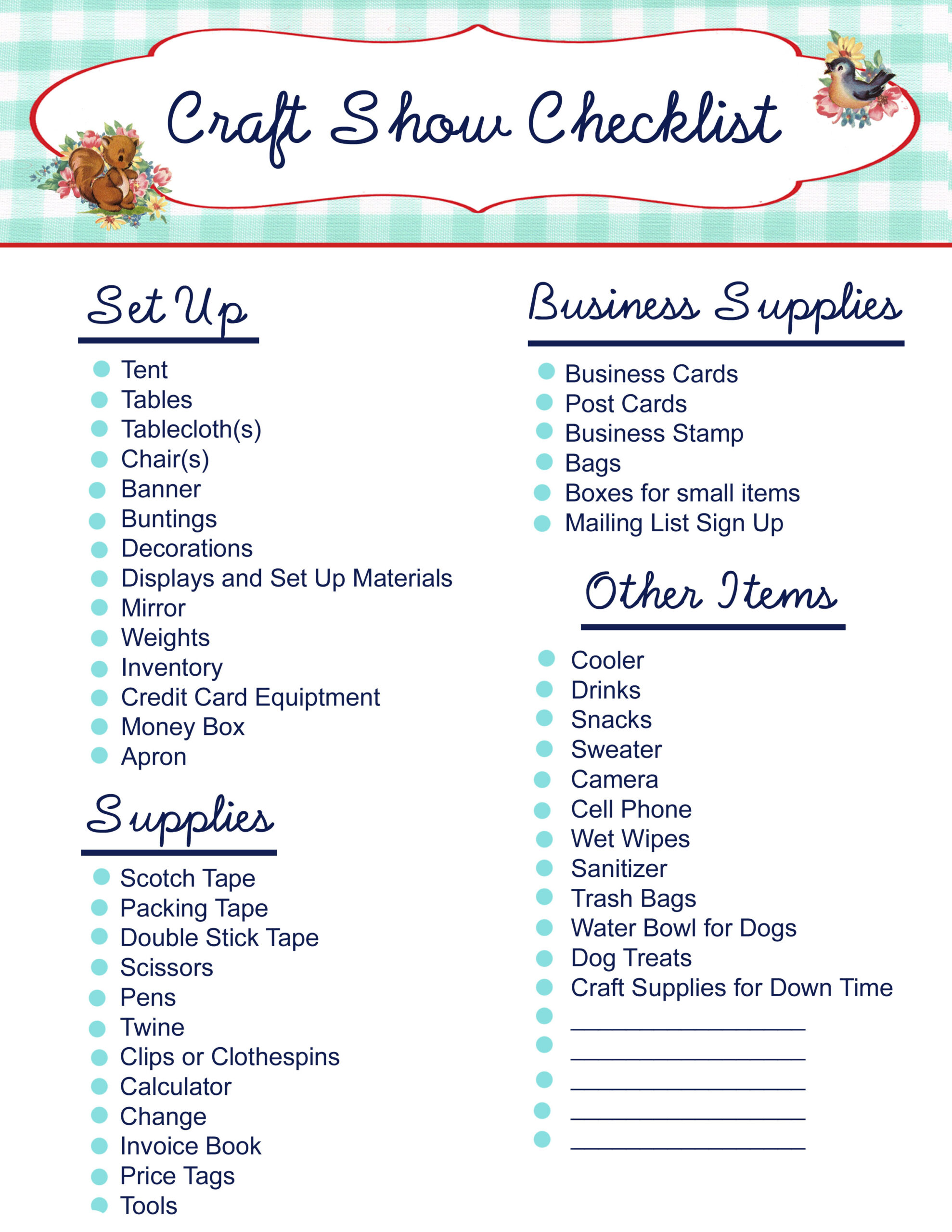 Free Printable- Craft Show Checklist | My So Called Crafty Life for FREE Printable Craft Show Planner