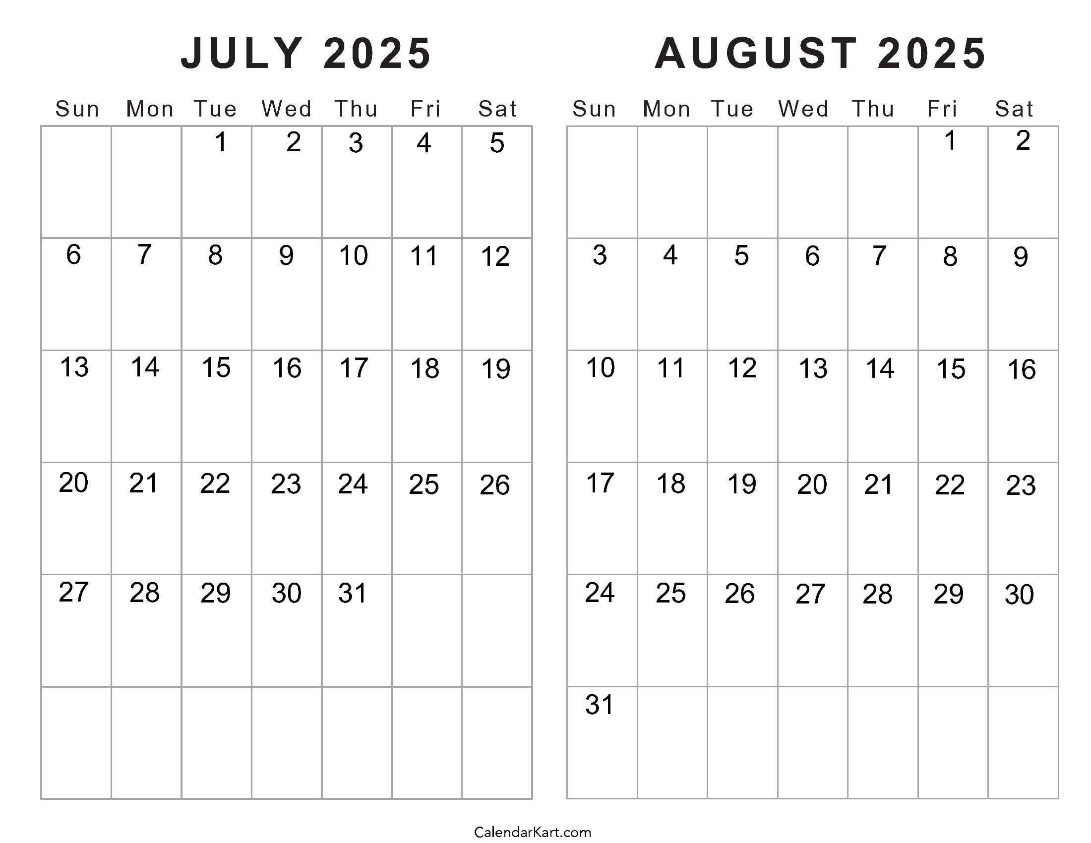 Free Printable July August 2025 Calendar | Calendarkart intended for Free Printable Calendar August 2025 To July 2025