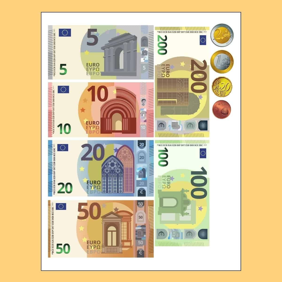 Free Printable Money Euros For Classroom And Play in FREE Printable Coins Front and Back