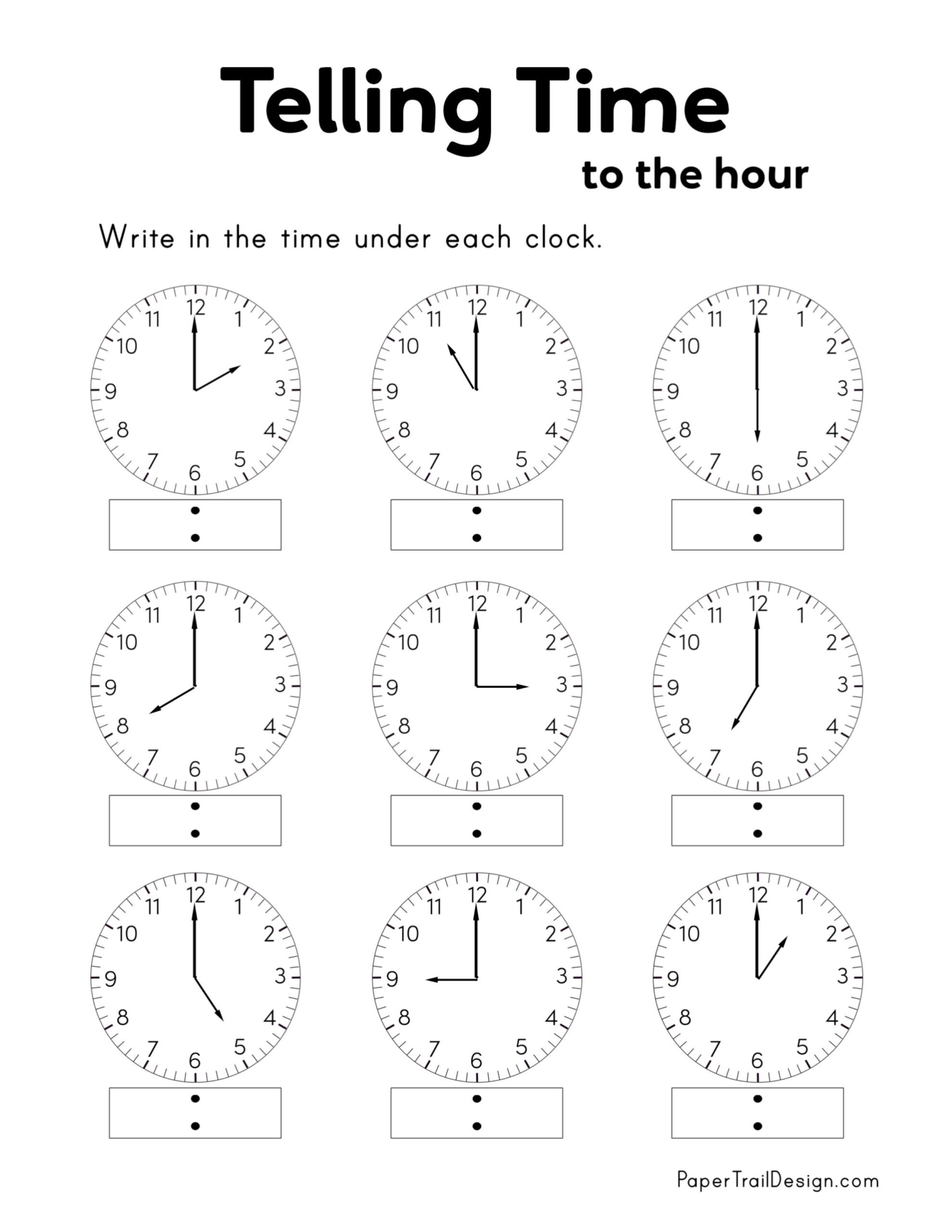 Free Printable Telling Time Worksheets - Paper Trail Design for FREE Printable Clock Worksheets For Kindergarten