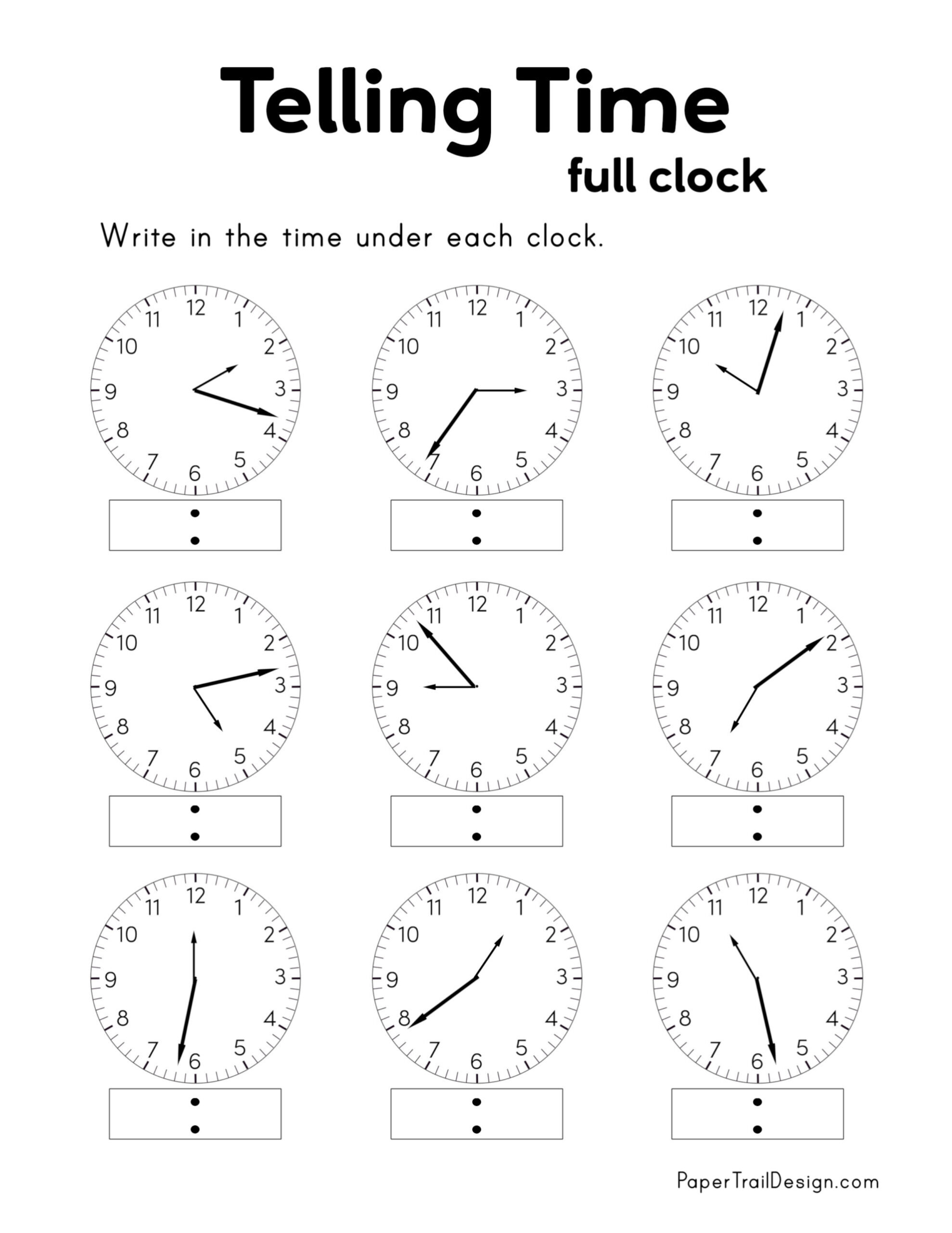 Free Printable Telling Time Worksheets - Paper Trail Design within Free Printable Clock With Minutes