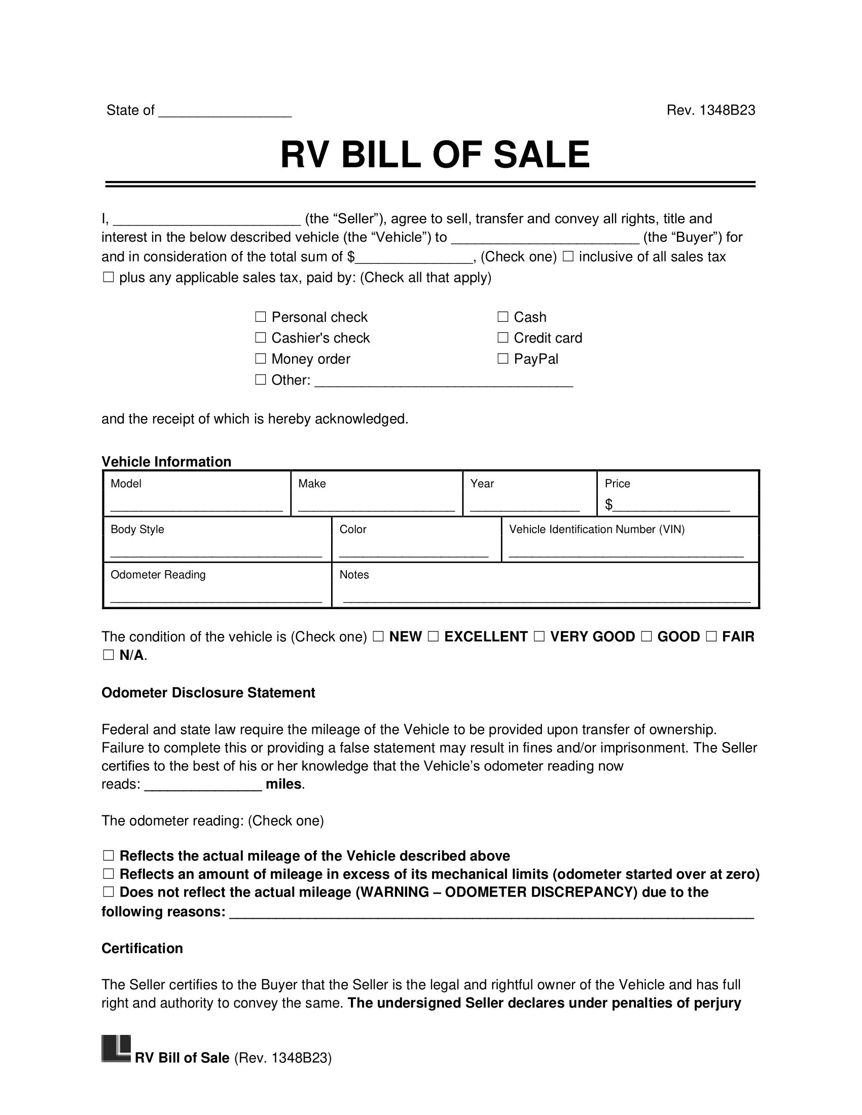 Free Recreational Vehicle (Rv) Bill Of Sale Template | Pdf &amp;amp; Word with regard to FREE Printable Camper Bill of Sale
