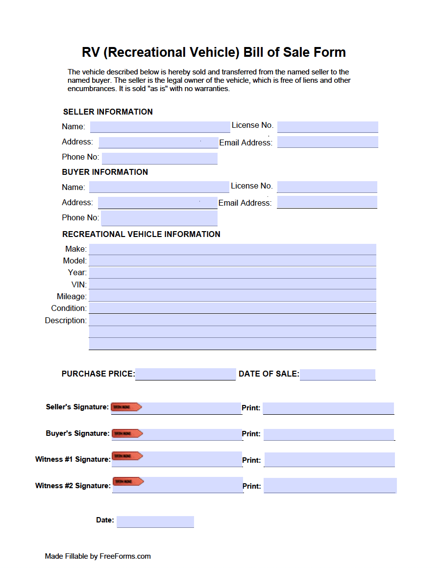 Free Rv (Recreational Vehicle) Bill Of Sale Form | Pdf intended for FREE Printable Camper Bill of Sale