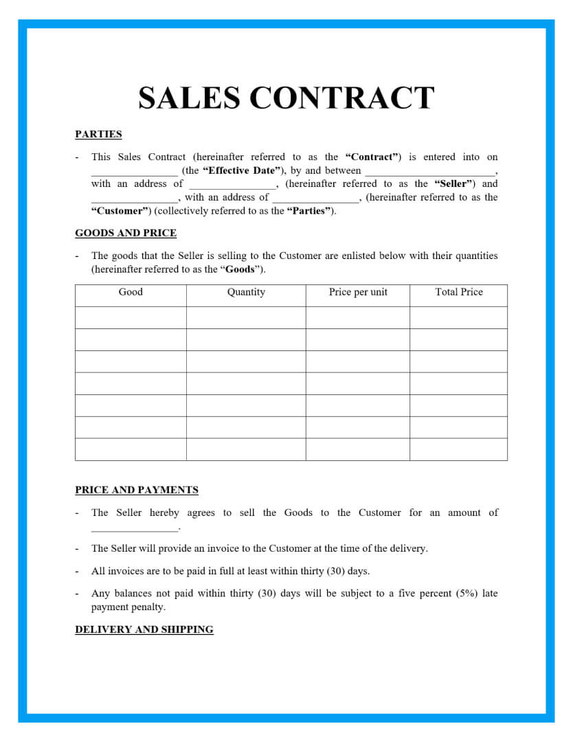 Free Sales Contract Template For Download inside FREE Printable Buyer/Seller Agreement
