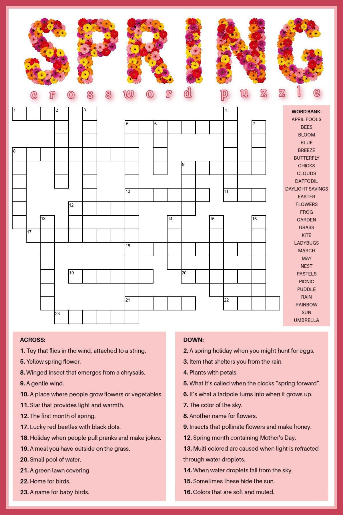 Free Spring Crossword Puzzle Printable - Answer Key Included regarding Free Printable Crossword Puzzles For Adults With Answers