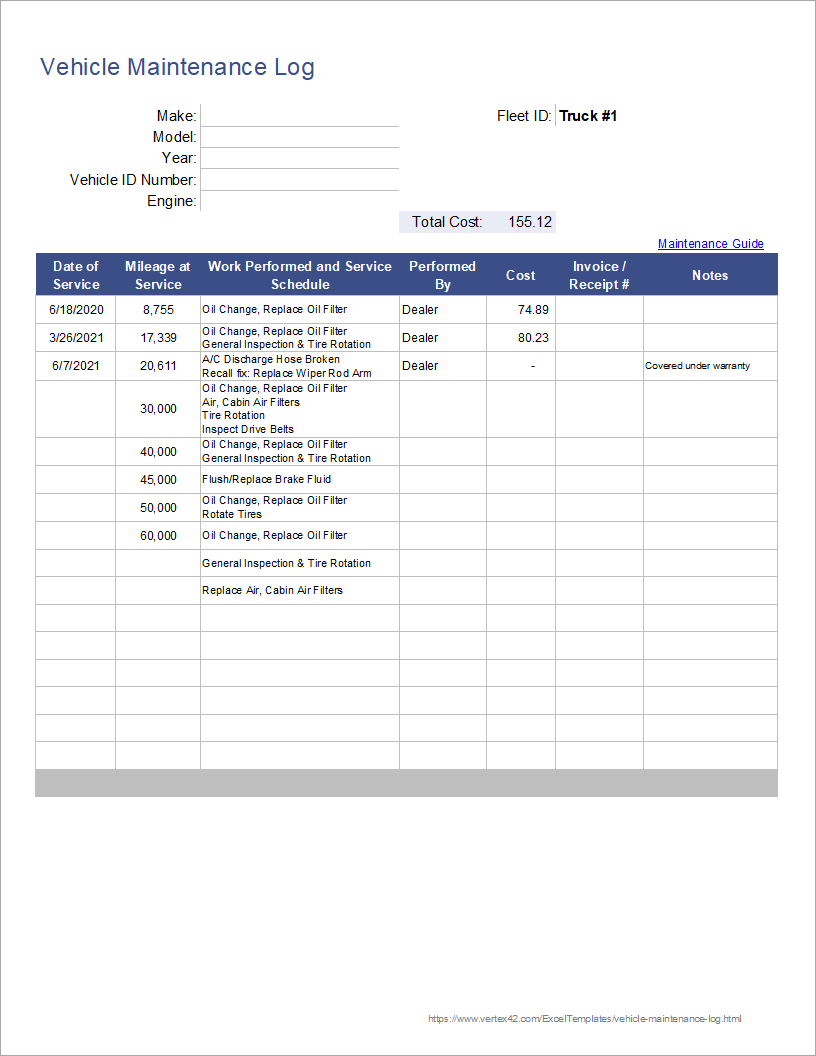 Free Vehicle Maintenance Log Template For Excel inside Free Printable Car Maintenance Log