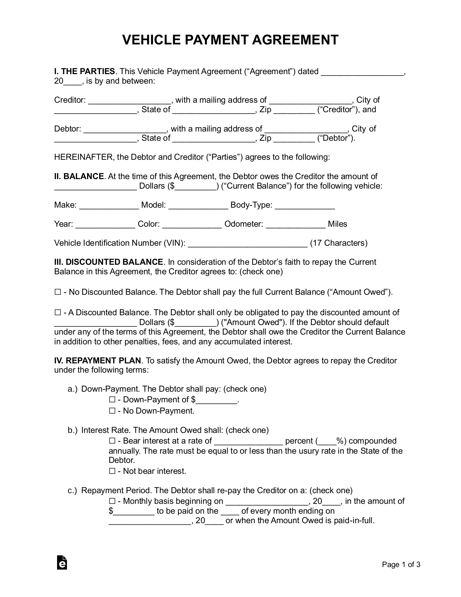 Free Vehicle Payment Plan Agreement - Pdf | Word – Eforms pertaining to FREE Printable Car Payment Agreement Template