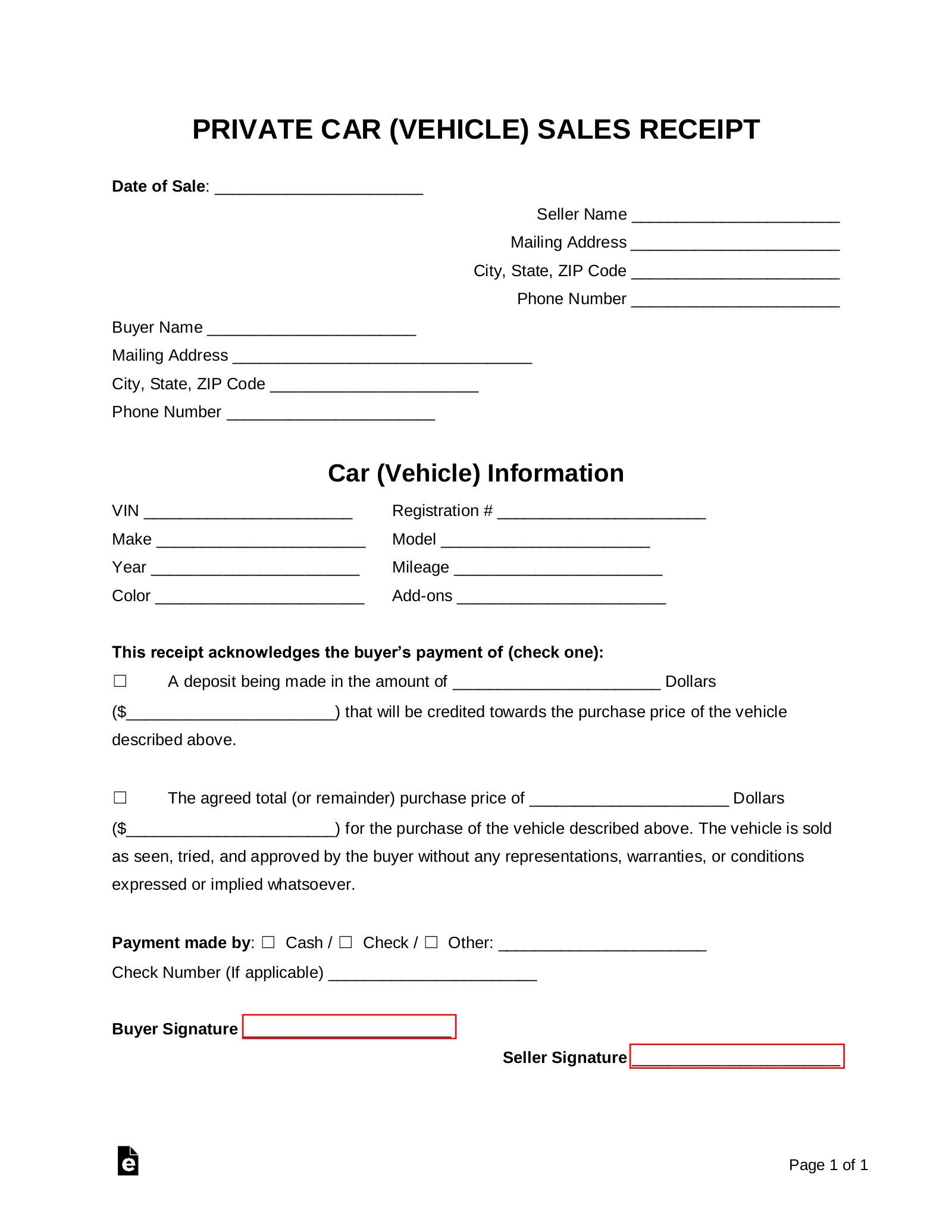 Free Vehicle (Private Sale) Receipt Template - Pdf | Word – Eforms throughout FREE Printable Car Sales Receipt