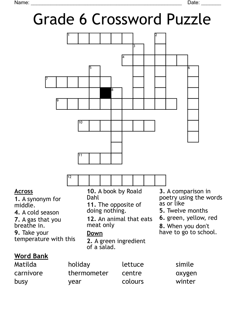 Grade 6 Crossword Puzzle - Wordmint throughout Free Printable Crossword Puzzles For 6Th Graders