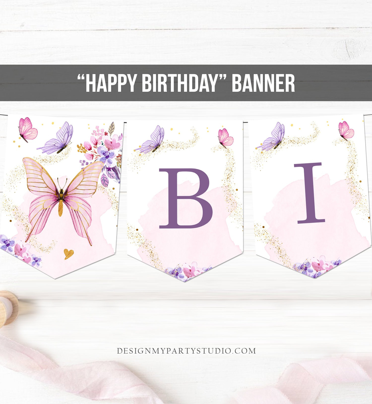 Happy Birthday Banner Butterfly Birthday Banner Floral Flowers inside FREE Printable Butterfly Birthday Banner