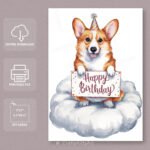 Happy Birthday - Cute Corgi Dog. Printable Watercolor Card within FREE Printable Corgi Birthday Card