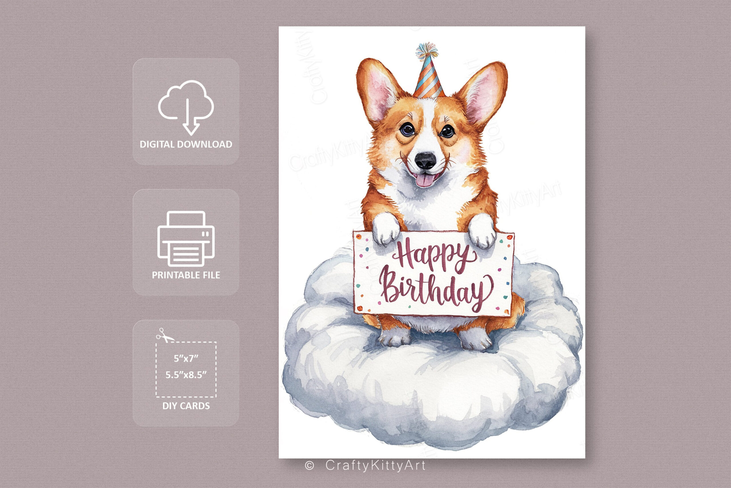 Happy Birthday - Cute Corgi Dog. Printable Watercolor Card within FREE Printable Corgi Birthday Card