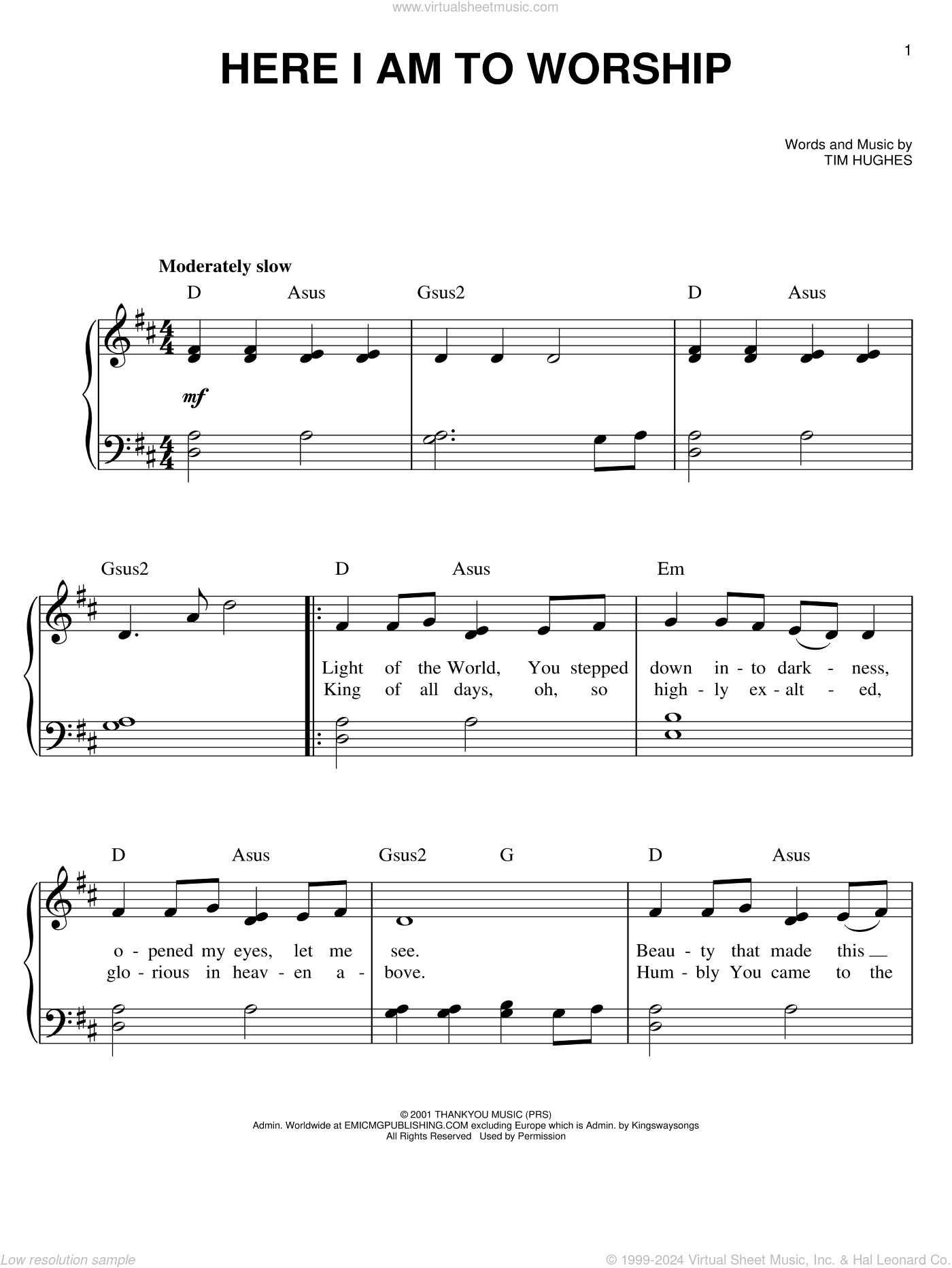 Here I Am To Worship Sheet Music (Easy Version 2) For Piano Solo in FREE Printable Christian Sheet Music