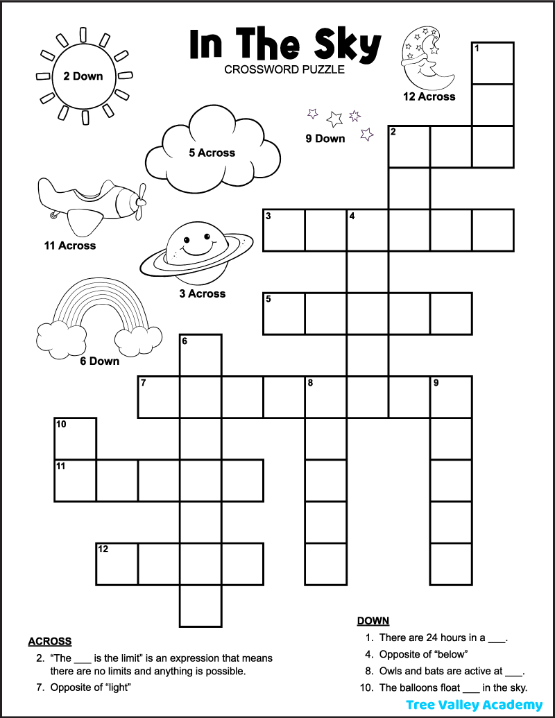 In The Sky Crossword Puzzle For Kids - Tree Valley Academy inside Free Printable Crossword Puzzles For Elementary Students
