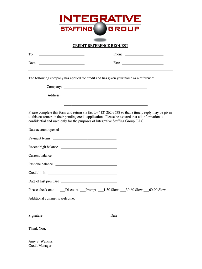 Integrative Staffing Group Credit Reference Request Form - Fill regarding FREE Printable Credit Reference Form