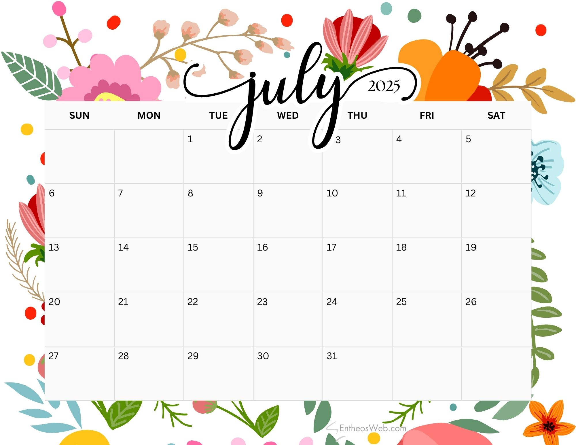 July 2025 Calendar Printables | Entheosweb with Free Printable Calendar July 2025