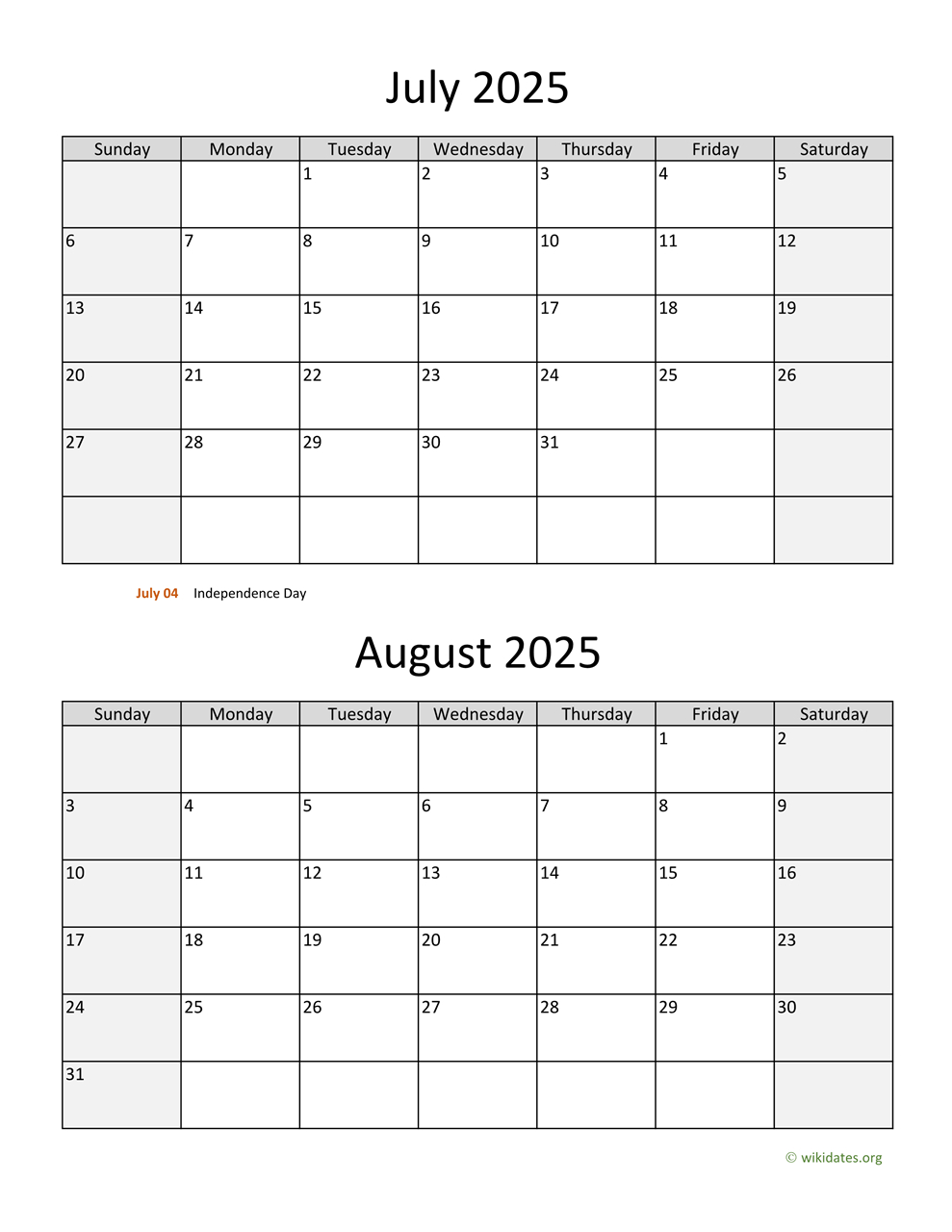 July And August 2025 Calendar | Wikidates pertaining to Free Printable Calendar August 2025 To July 2025