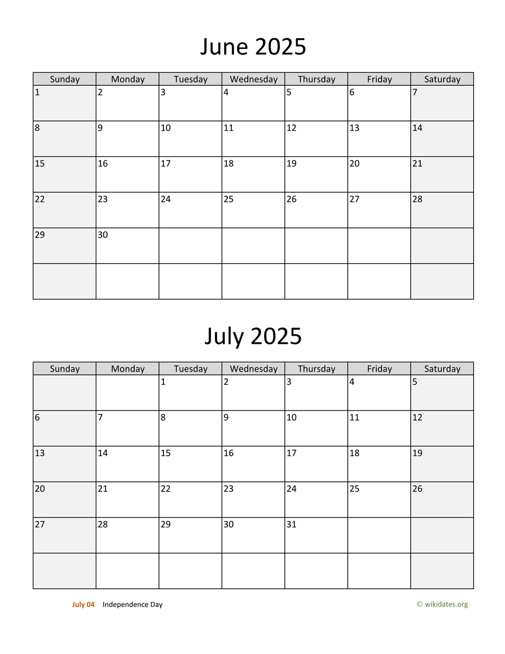 June And July 2025 Calendar | Wikidates inside Free Printable Calendar July 2025 To June 2025