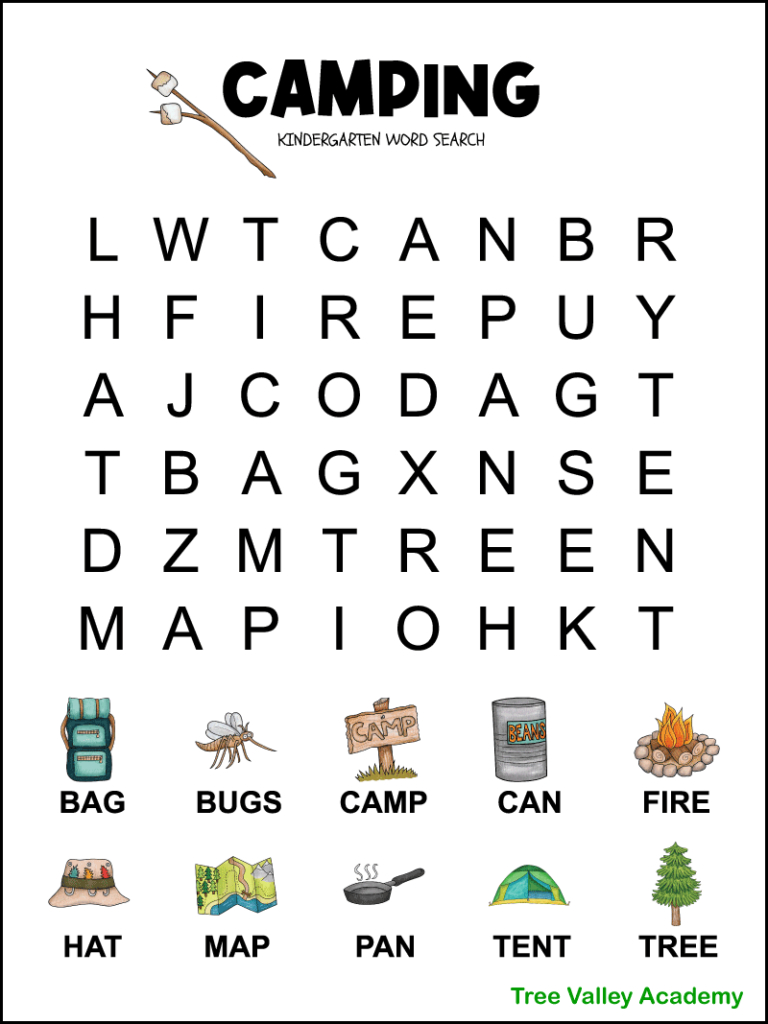 Kindergarten Camping Word Search - Tree Valley Academy with regard to FREE Printable Camping Word Search