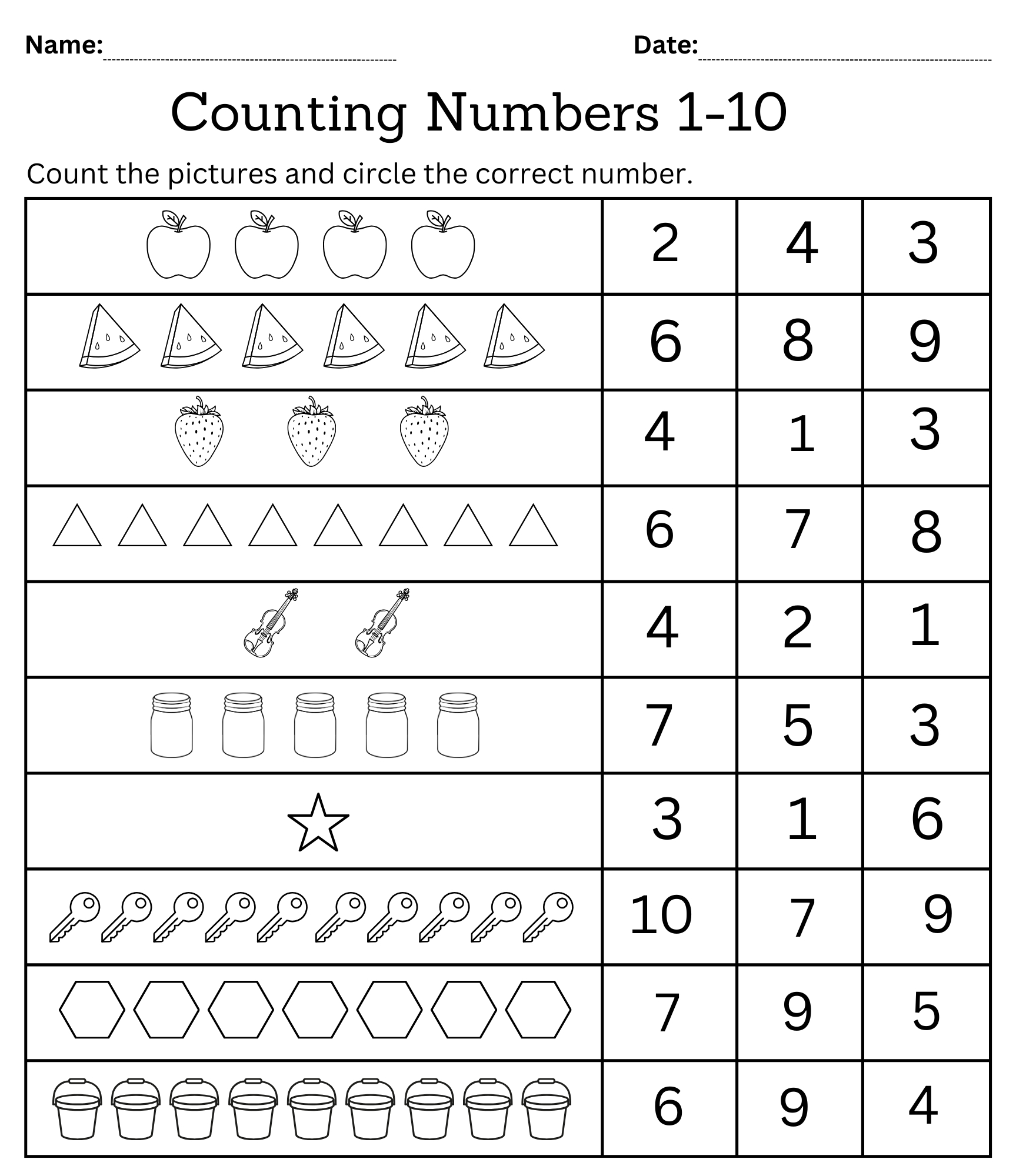 Kindergarten Math Counting Objects Worksheets 1-10 Black And White intended for FREE Printable Counting Worksheets 1-10