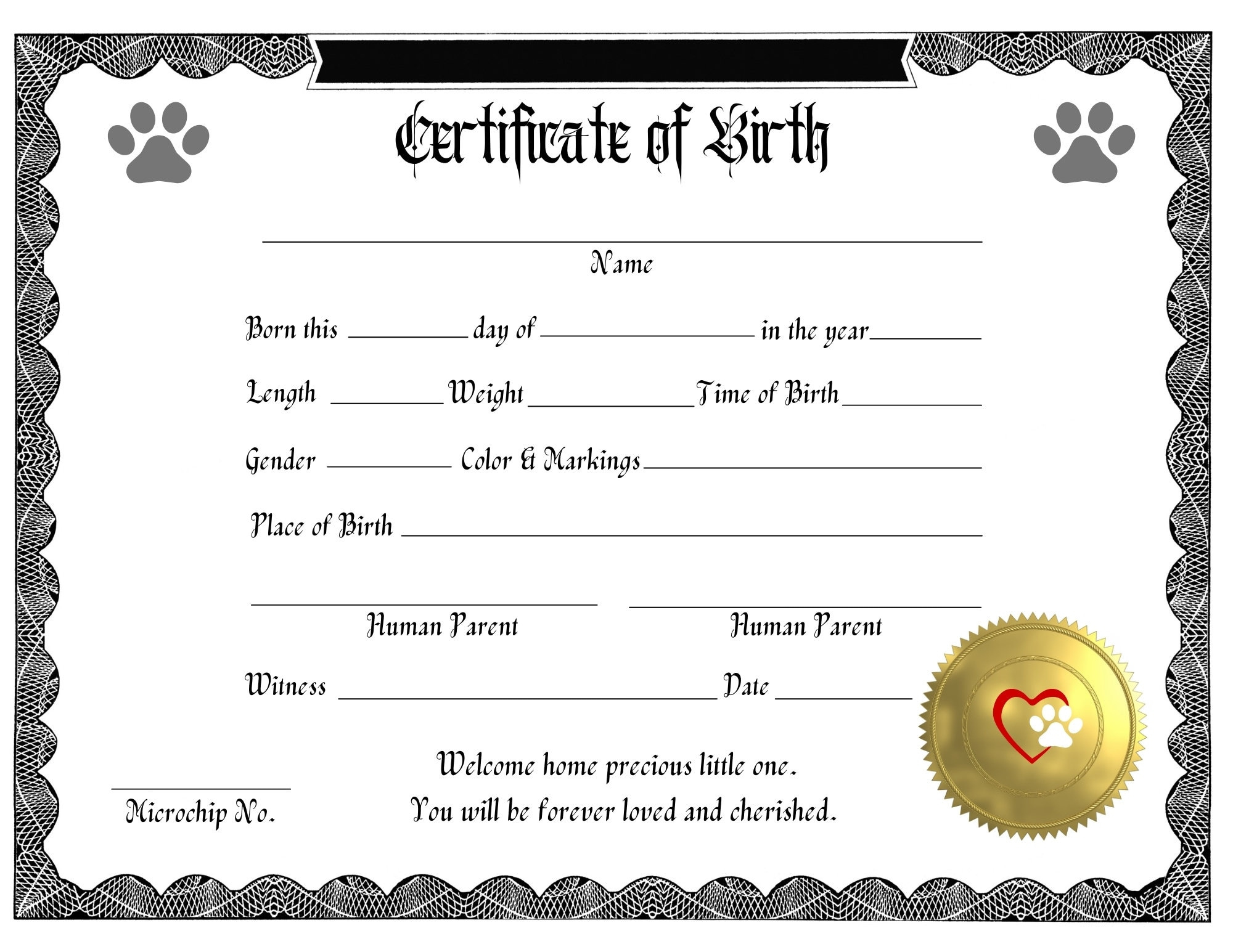 Kitten Birth Certificate Digital Download Printable, Pet Birth in FREE Printable Cat Birth Certificate Template