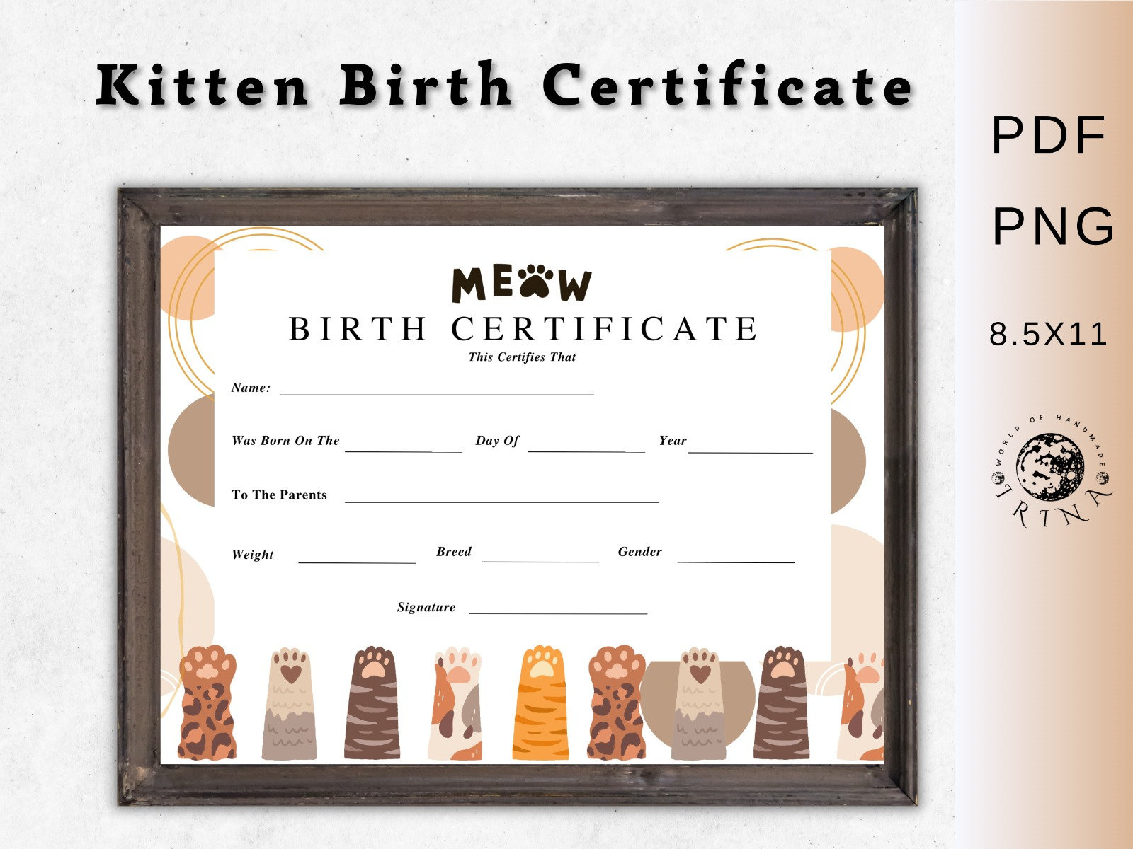 Kitten Birth Certificate Printable Cat Birth Pet Certificate,Cat throughout Free Printable Cat Birth Certificate Template