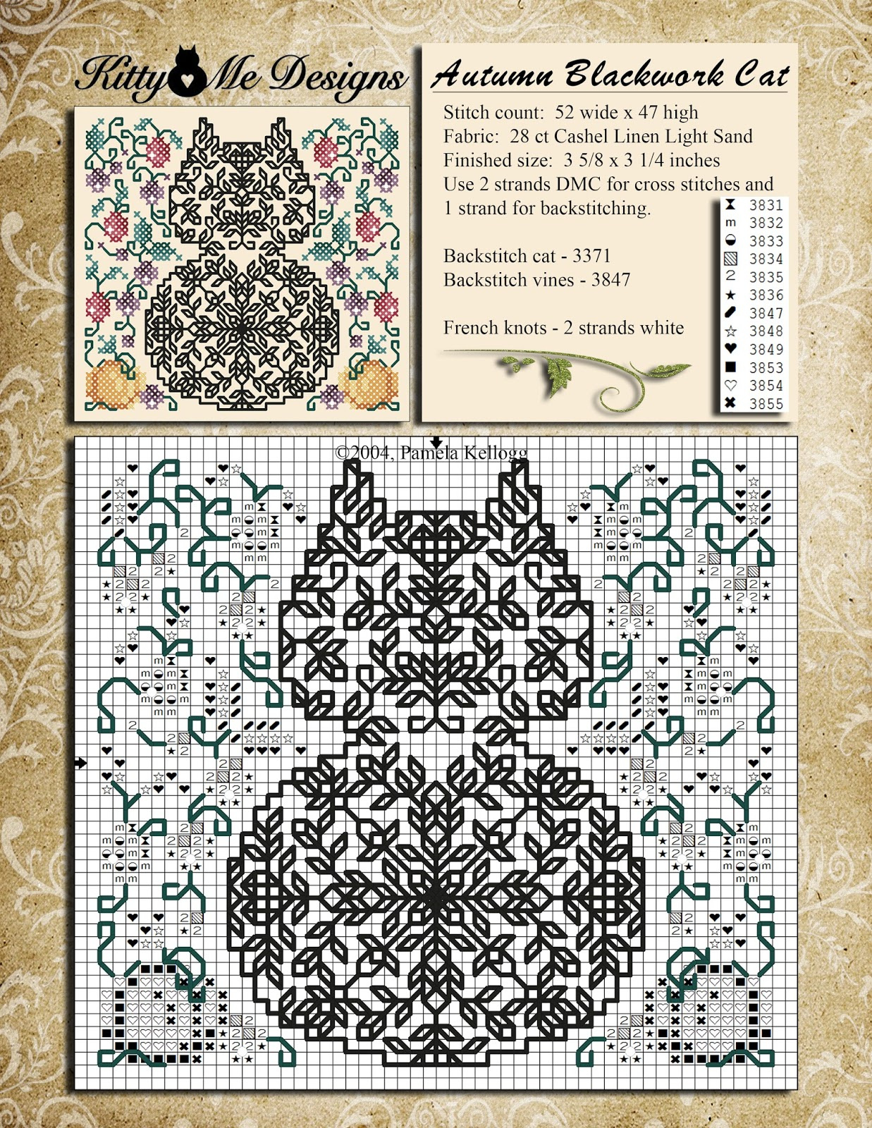 Kitty And Me Designs: Autumn Blackwork Cat - Free Cross Stitch Pattern in FREE Printable Cross Stitch Patterns of Cats